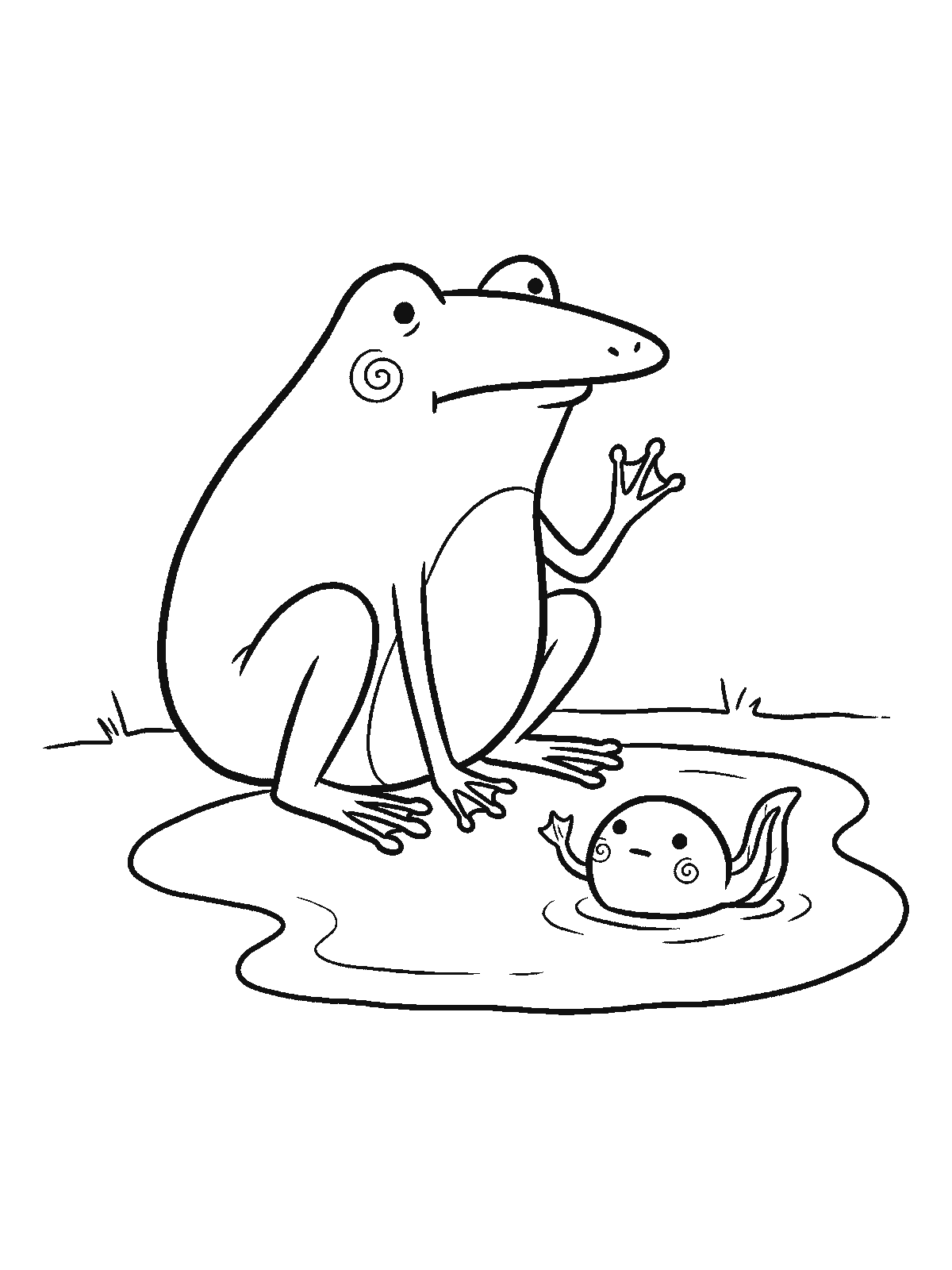 Ausmalbild: Ein großer runder Frosch sitzt aufrecht am Rand einer Pfütze mit erhobenem Vorderfuß, und eine kleine runde Kaulquappe im Wasser hebt genauso den Schwanz