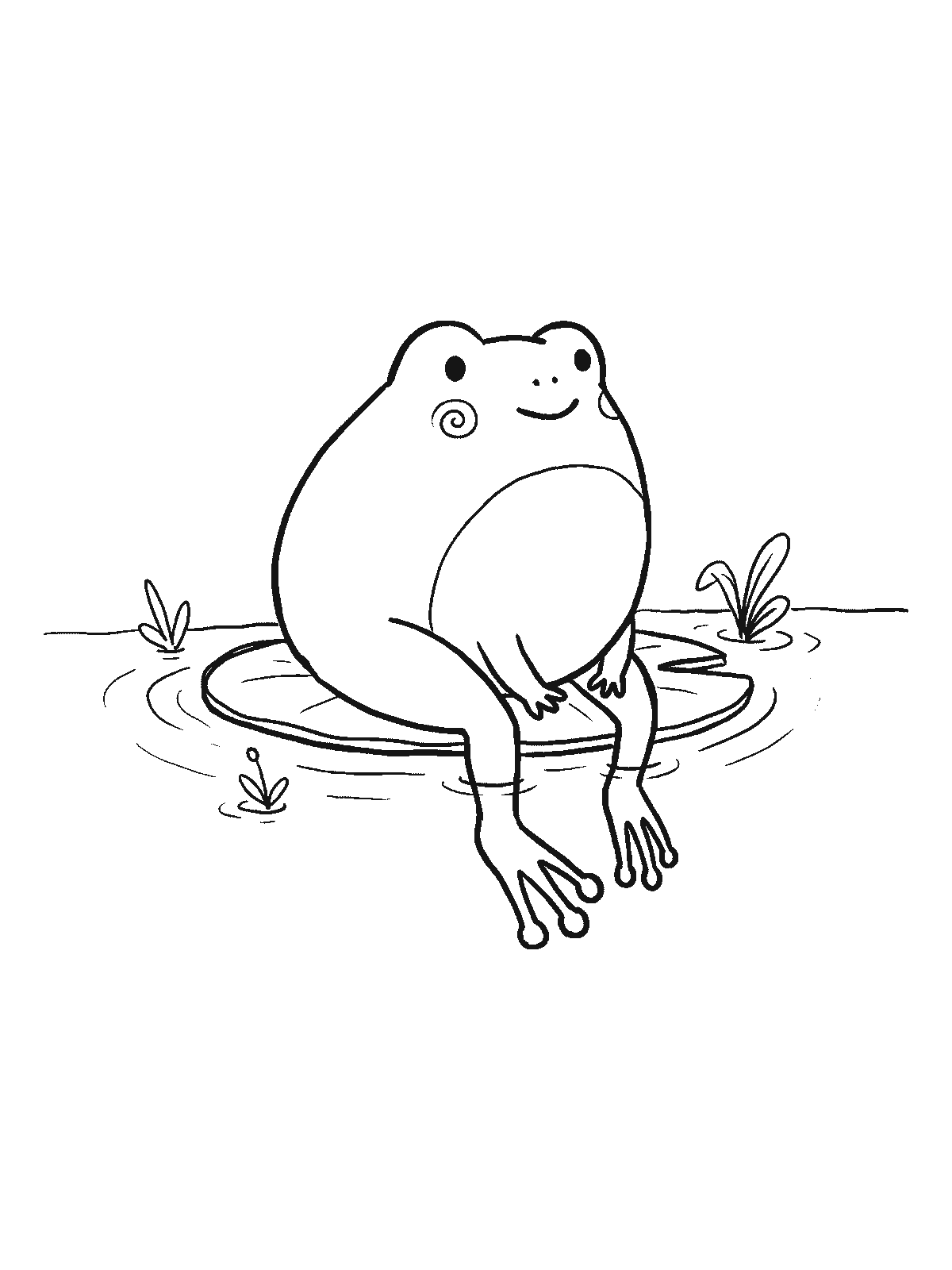 Ausmalbild: Ein runder glatter Frosch sitzt auf einem etwas zu kleinen Seerosenblatt, sodass seine Hinterfüße über den Rand ins Wasser hängen
