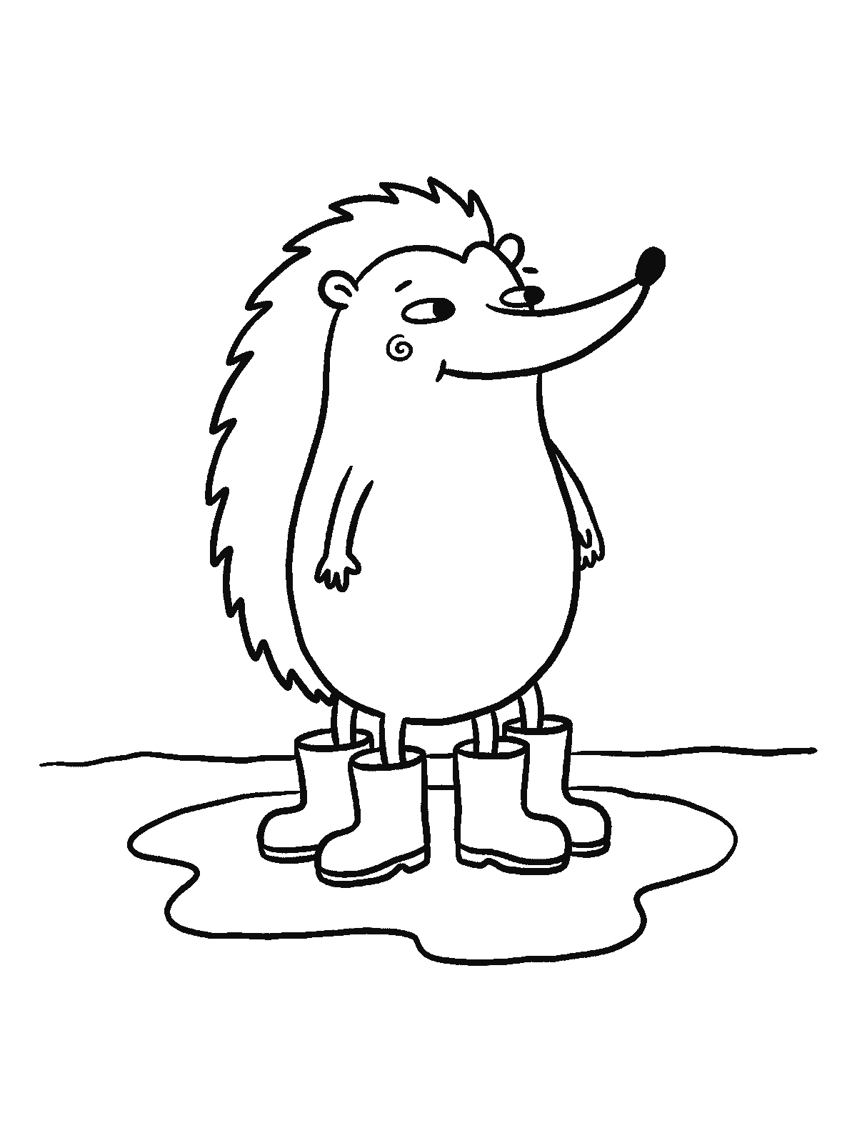 Ausmalbild: Ein runder Igel trägt an jedem seiner vier Füße einen kleinen Gummistiefel, steht in einer flachen Pfütze und wirkt zufrieden