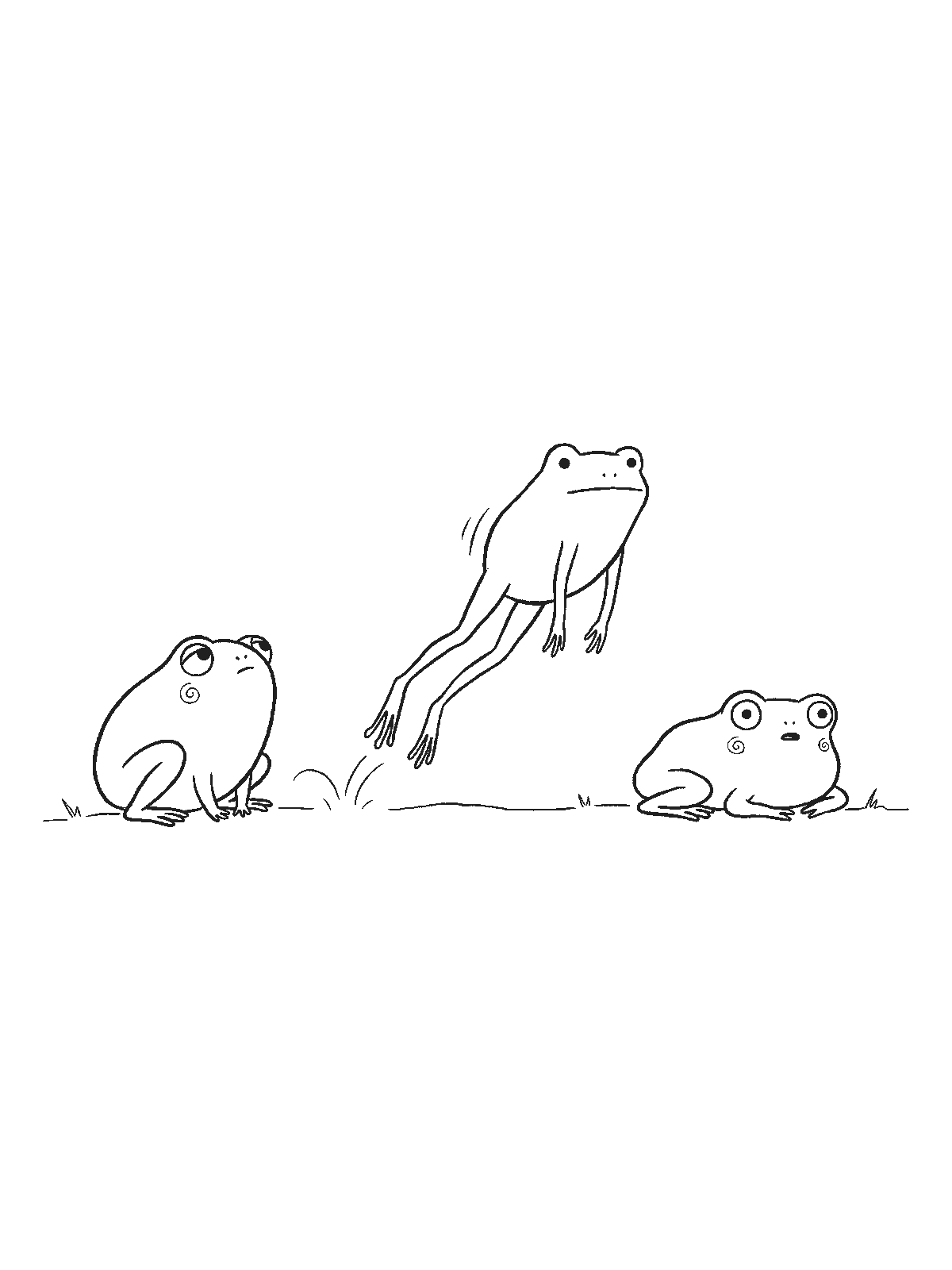 Ausmalbild: Drei runde Frösche in einer Reihe, der erste geduckt, der zweite mitten im Sprung mit gestreckten Beinen, der dritte gerade landend, mit geschwungenen Linien