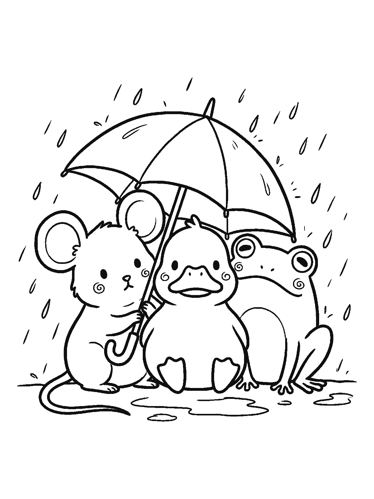 Ausmalbild: Drei kleine runde Tiere — eine Maus, ein Entenküken und ein Frosch — drängen sich unter einem offenen Schirm, der nur für eines reicht, die äußeren werden nass