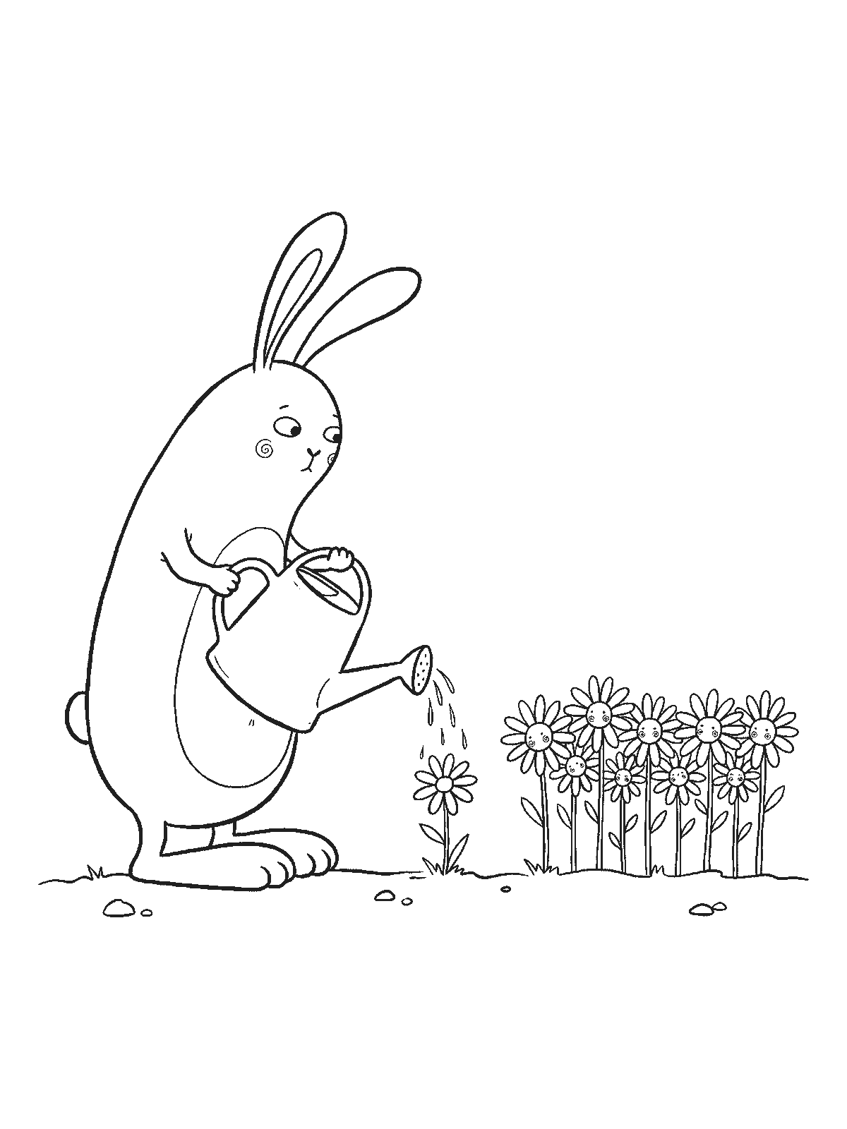 Ausmalbild: Ein Hase hält mit beiden Pfoten eine Gießkanne und gießt sorgfältig eine einzige kleine Blume, während daneben eine Reihe anderer Blumen wartet