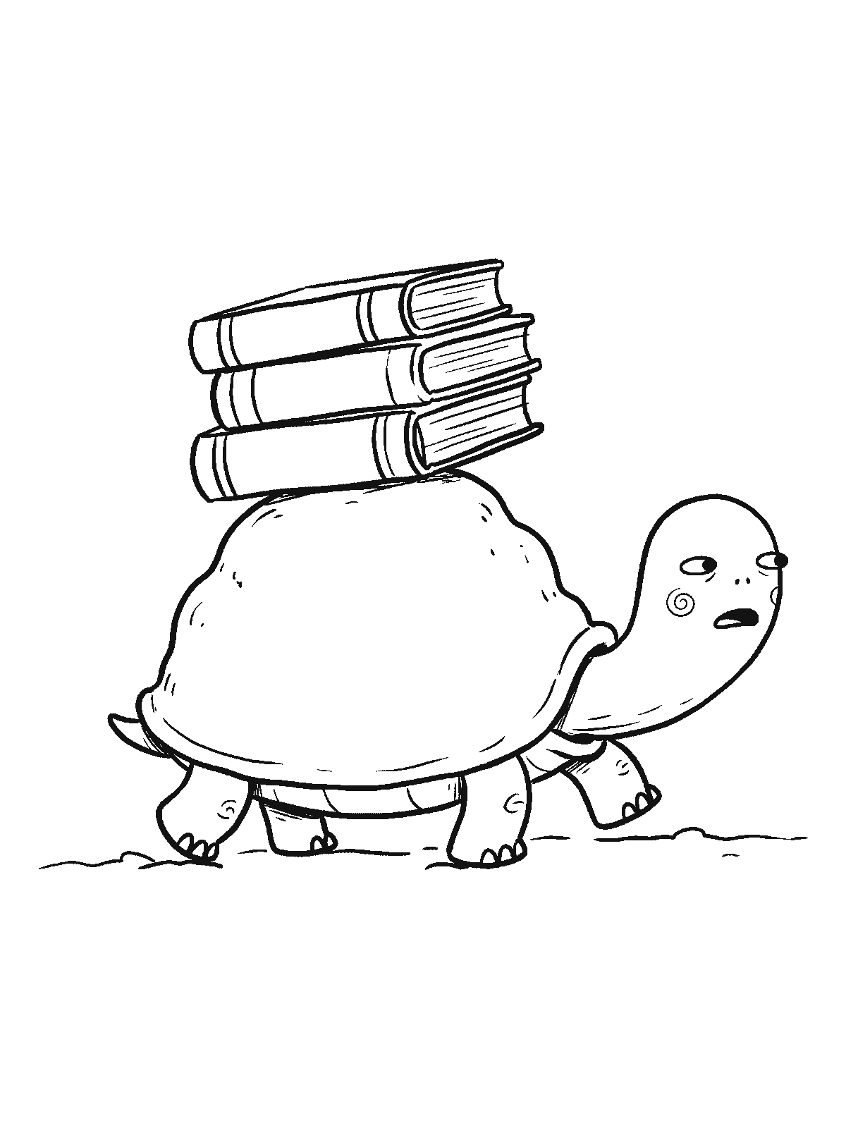 Ausmalbild: Eine runde Schildkröte geht langsam, auf ihrem Panzer steht ein ordentlicher Stapel aus drei großen Büchern