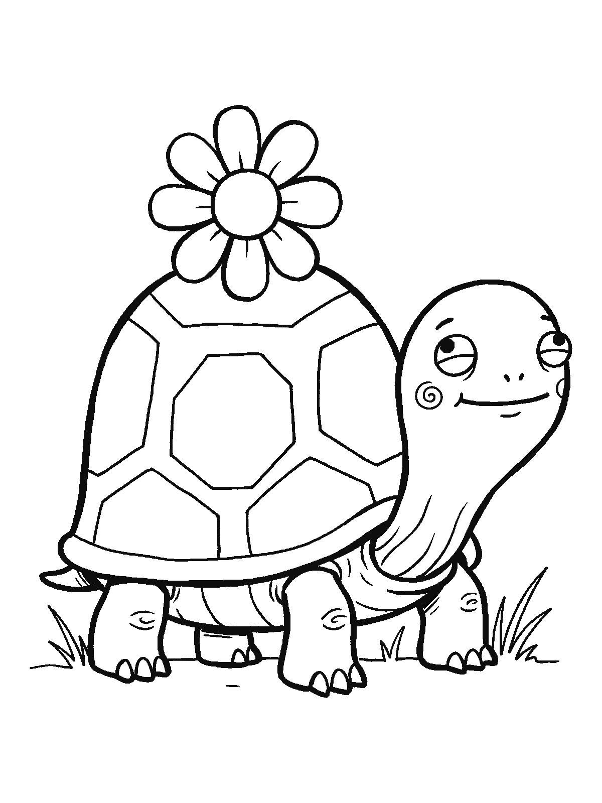 Ausmalbild: Eine Schildkröte steht still, auf ihrem Panzer liegt eine große runde Blume