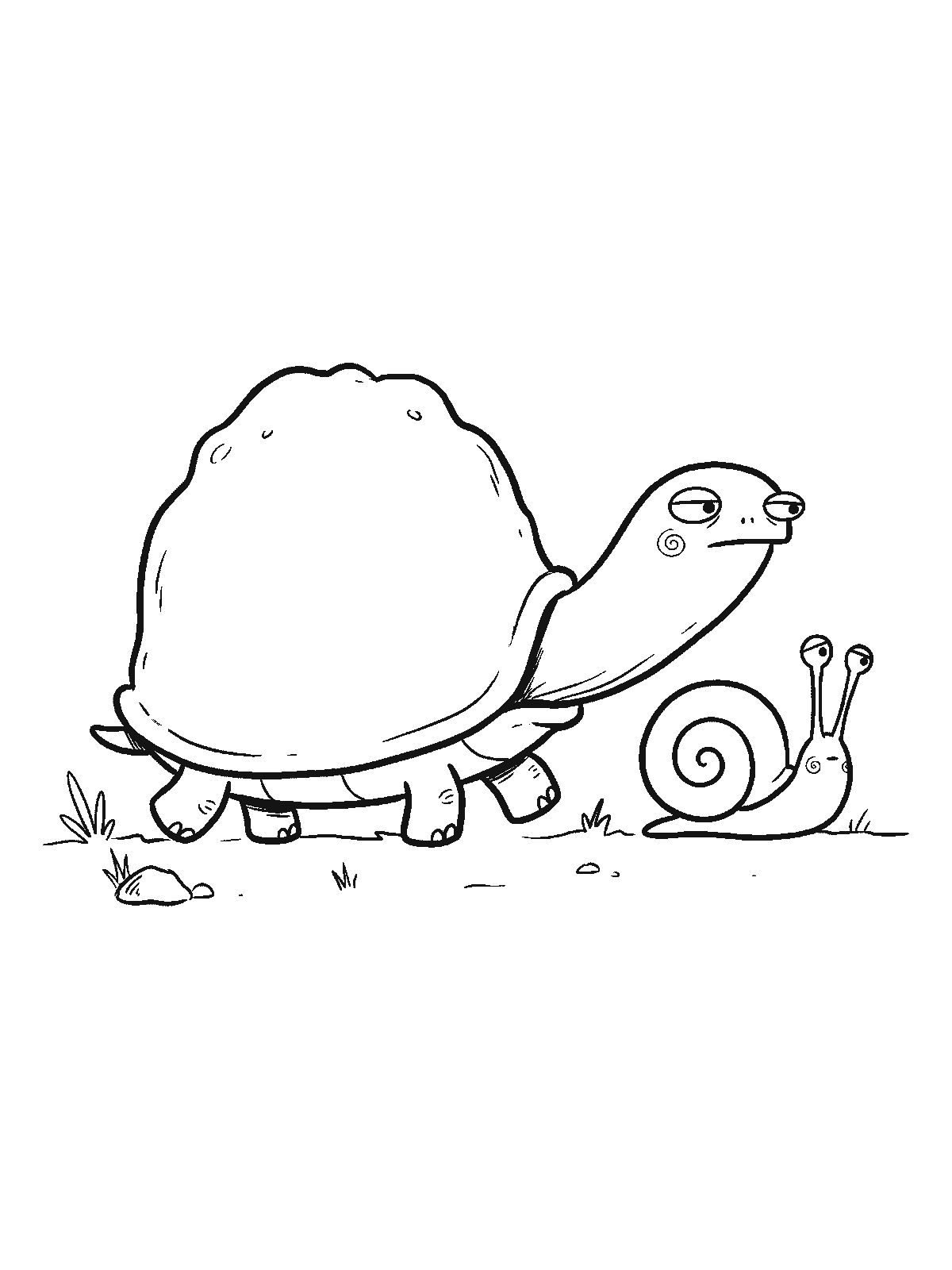 Ausmalbild: Eine Schildkröte und eine kleine runde Schnecke bewegen sich nebeneinander in dieselbe Richtung, beide gleich gemütlich