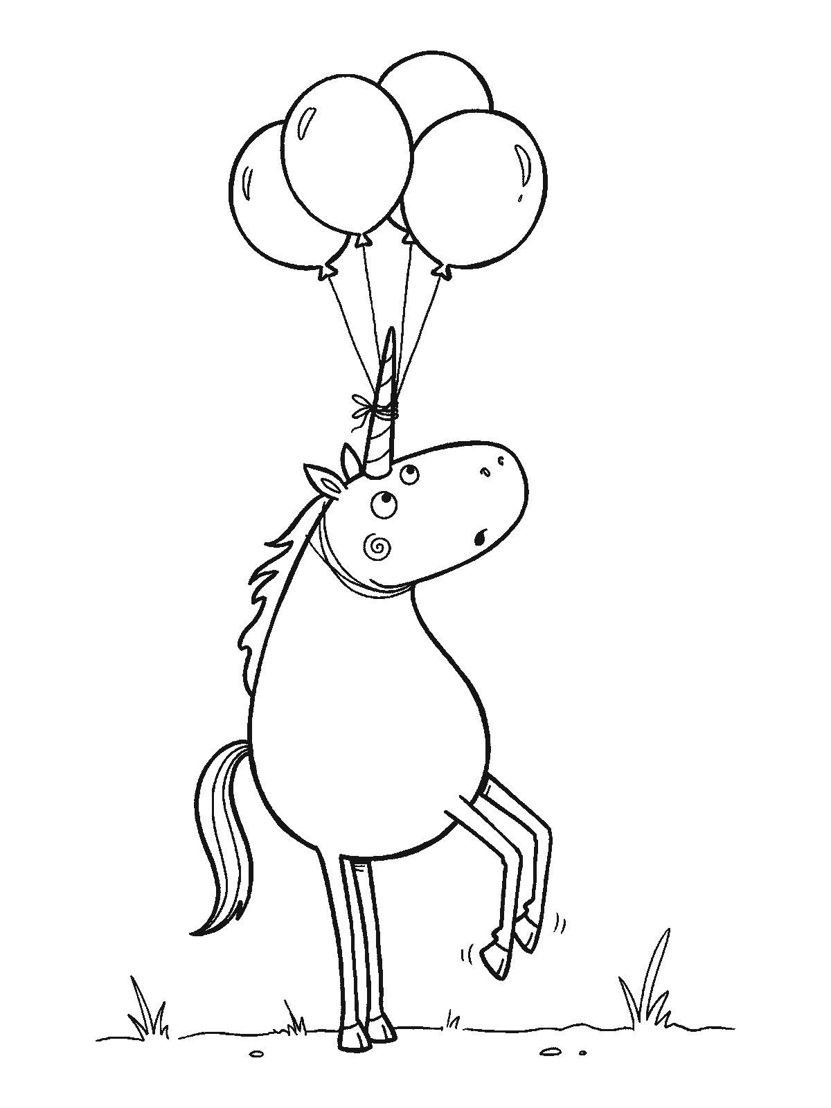 Printable coloring page: a unicorn with four balloons tied to its horn stands on the grass as the balloons lift its front legs off the ground