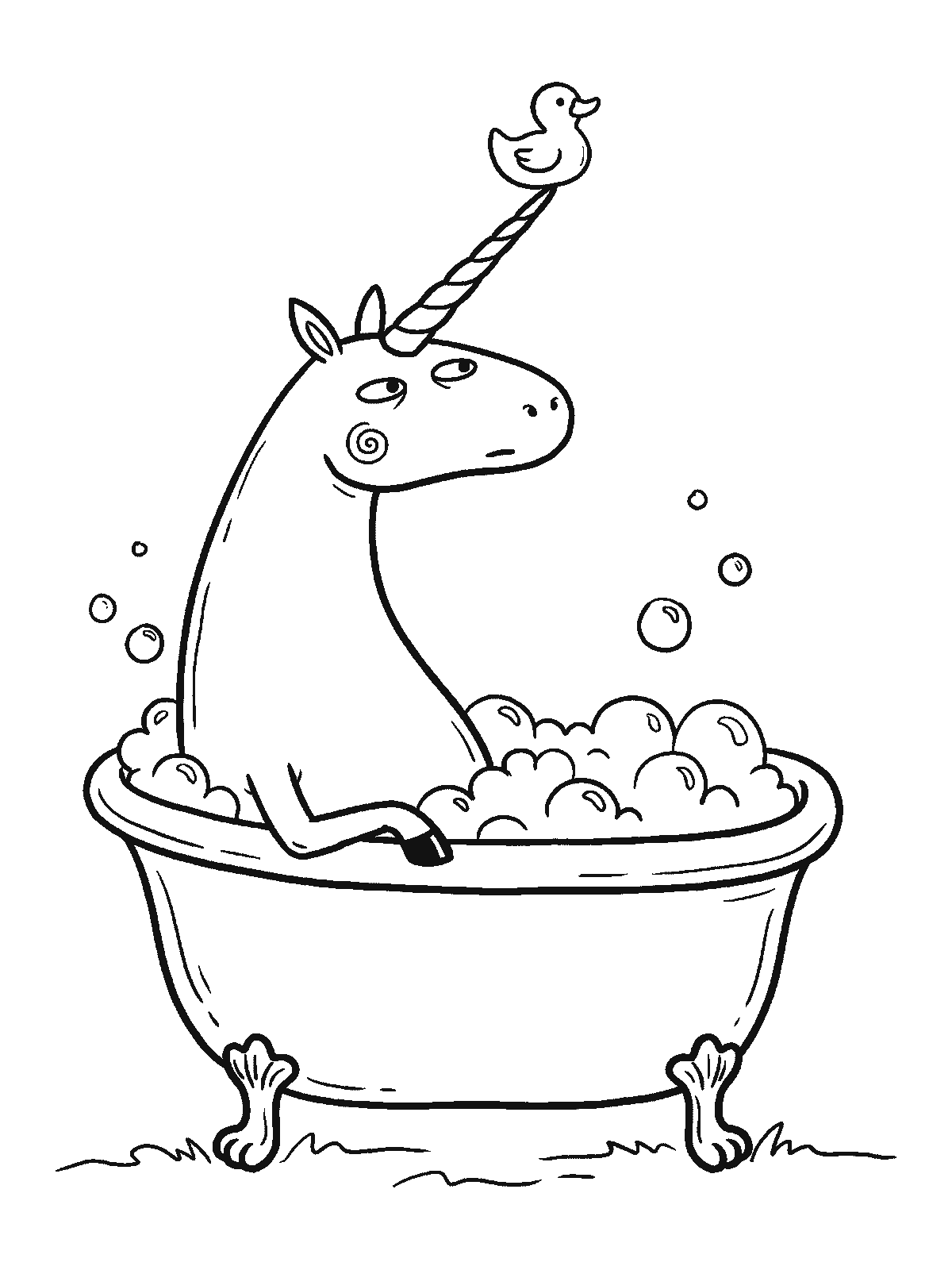 Printable coloring page: a unicorn sits in a clawfoot bathtub full of bubbles with a rubber duck standing on the tip of its horn