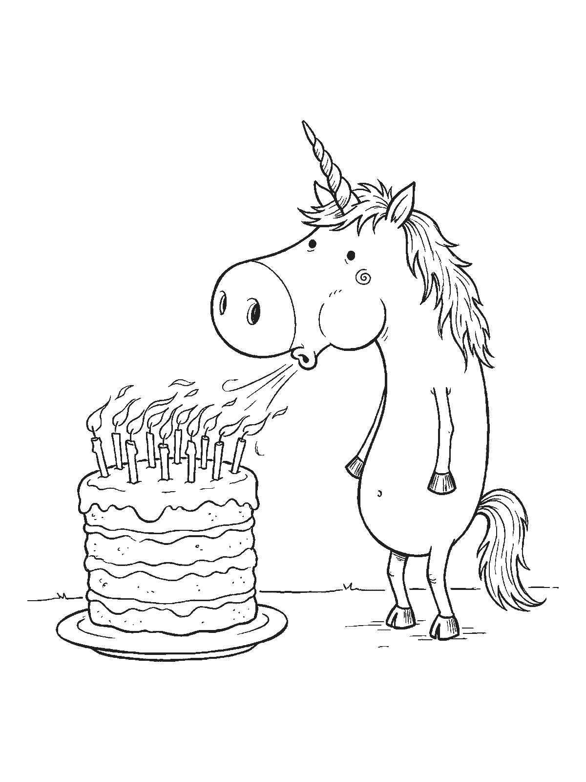 Printable coloring page: a unicorn with puffed-out cheeks blows out the candles on a big layered birthday cake