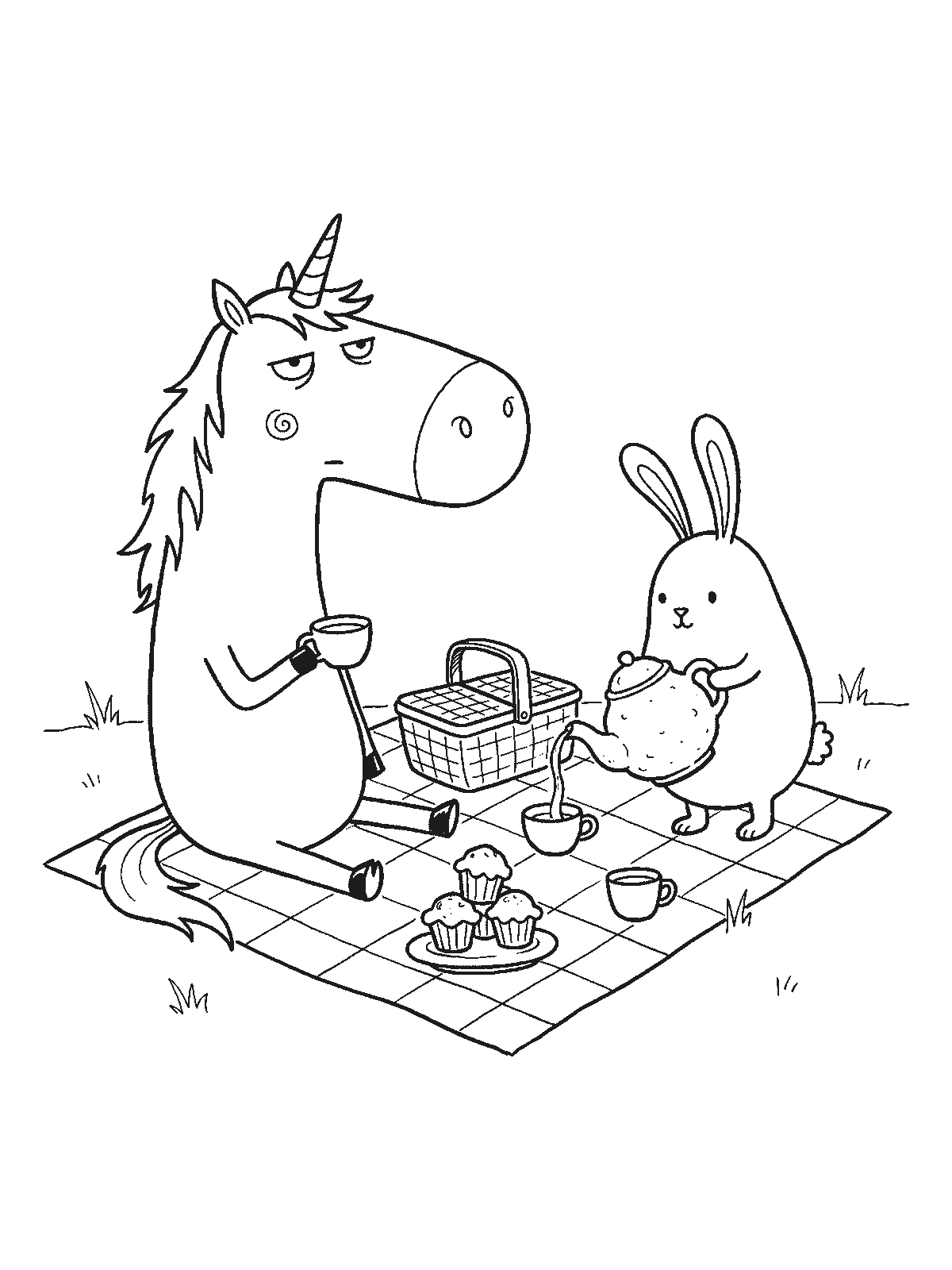 Printable coloring page: a unicorn and a bunny sit on a checkered blanket with a basket; the bunny pours tea from a teapot and there are cupcakes on a plate
