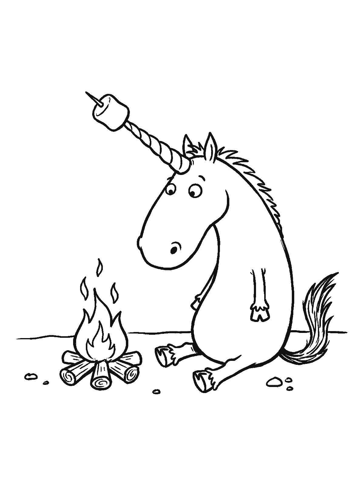 Printable coloring page: a unicorn sits by a small campfire with a marshmallow on the tip of its horn, high above the flames, looking at the fire confused
