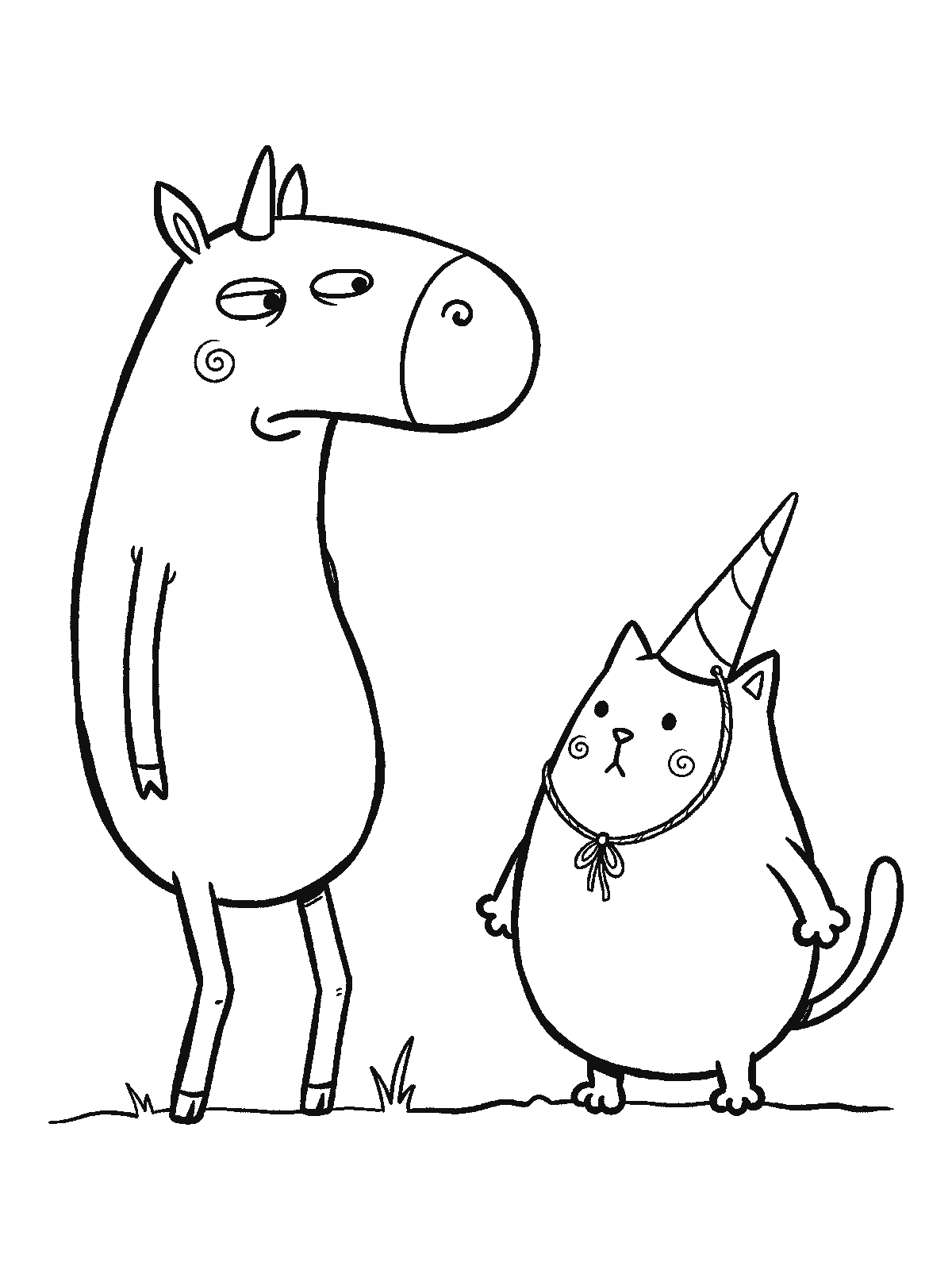 Printable coloring page: a cat stands proudly next to a unicorn with a paper horn tied under its chin with string, while the unicorn looks at it sideways