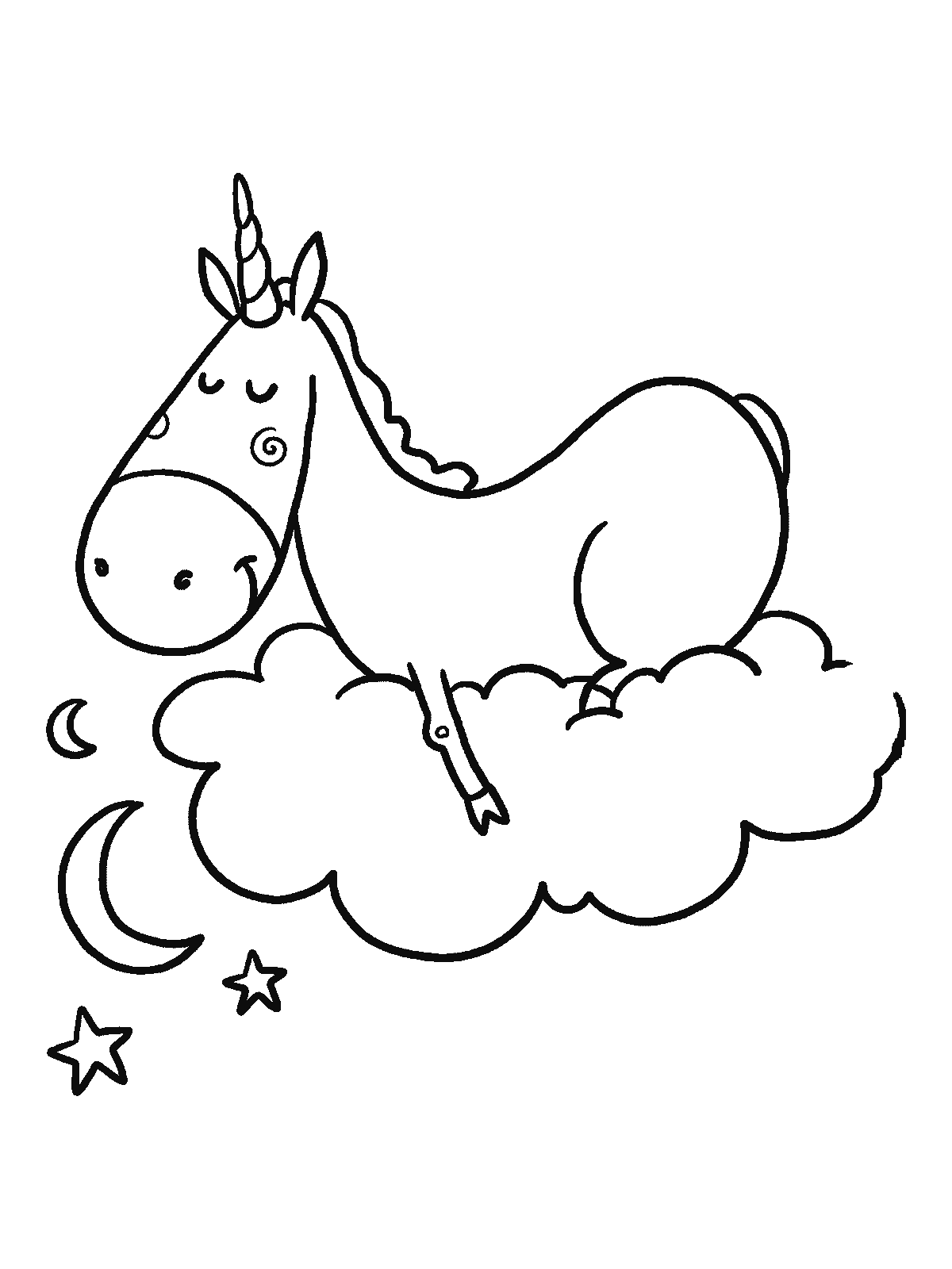 Printable coloring page: a unicorn sleeps with its eyes closed on top of a fluffy cloud, one leg dangling over the edge, next to a moon and little stars