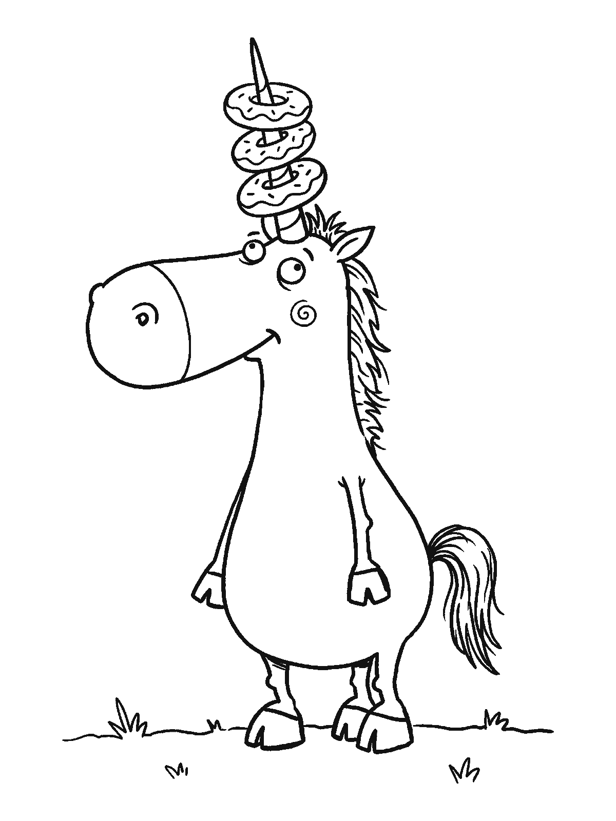 Printable coloring page: a smiling unicorn with three frosted donuts stacked on its horn, looking up at them cross-eyed