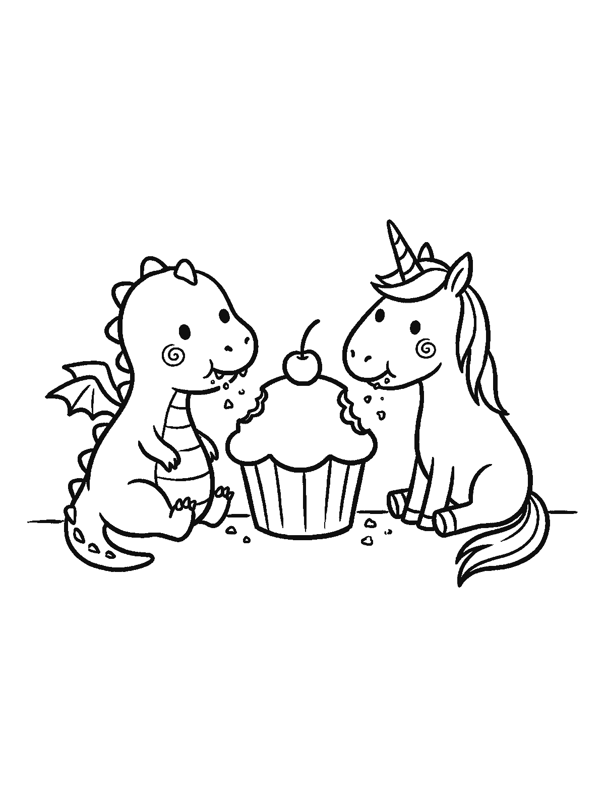 Printable coloring page: a baby dragon and a small unicorn sit side by side, biting into one big cupcake with a cherry from opposite sides