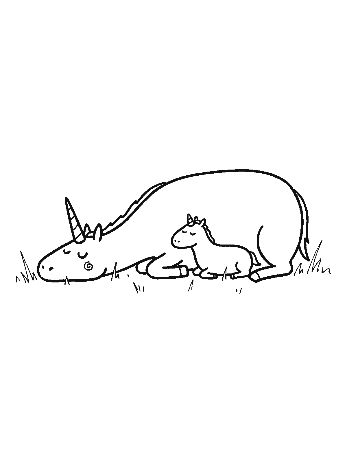 Printable coloring page: a mother unicorn lies in the grass with her eyes closed while a baby unicorn with a tiny horn snuggles against her