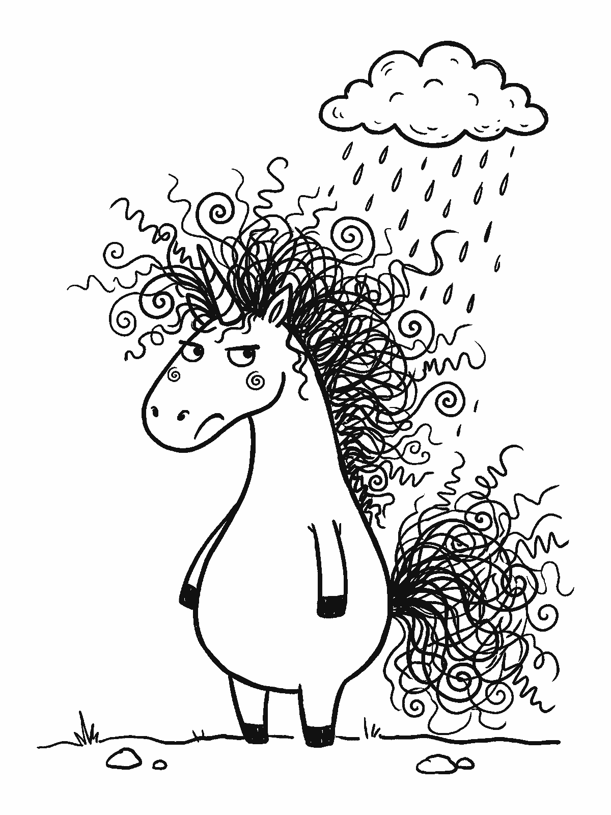 Printable coloring page: a grumpy unicorn stands under a little rain cloud, its mane and tail puffed up into huge frizzy curls