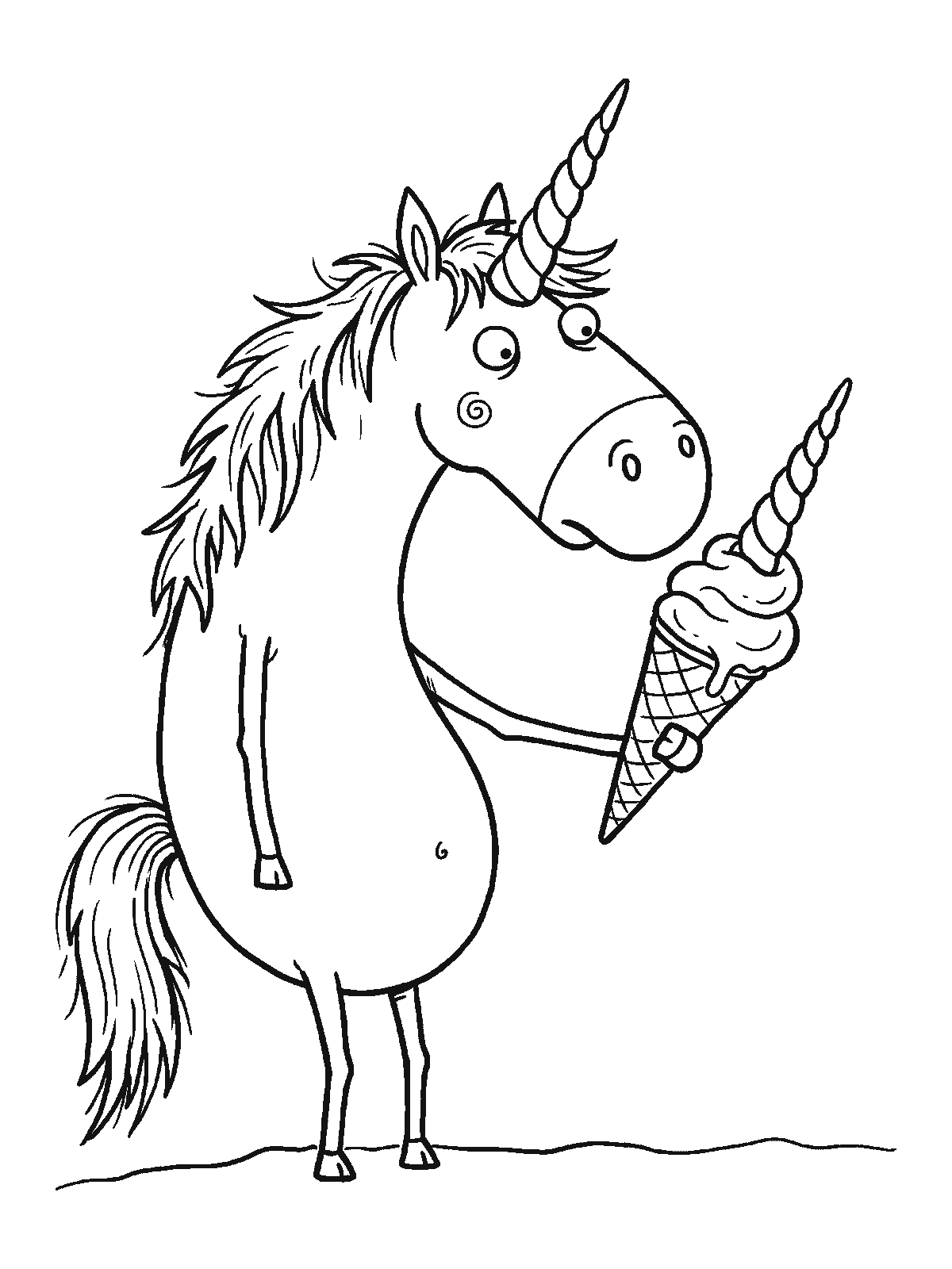 Printable coloring page: a unicorn holds an ice cream cone whose swirled top looks exactly like a unicorn horn, and looks at it puzzled
