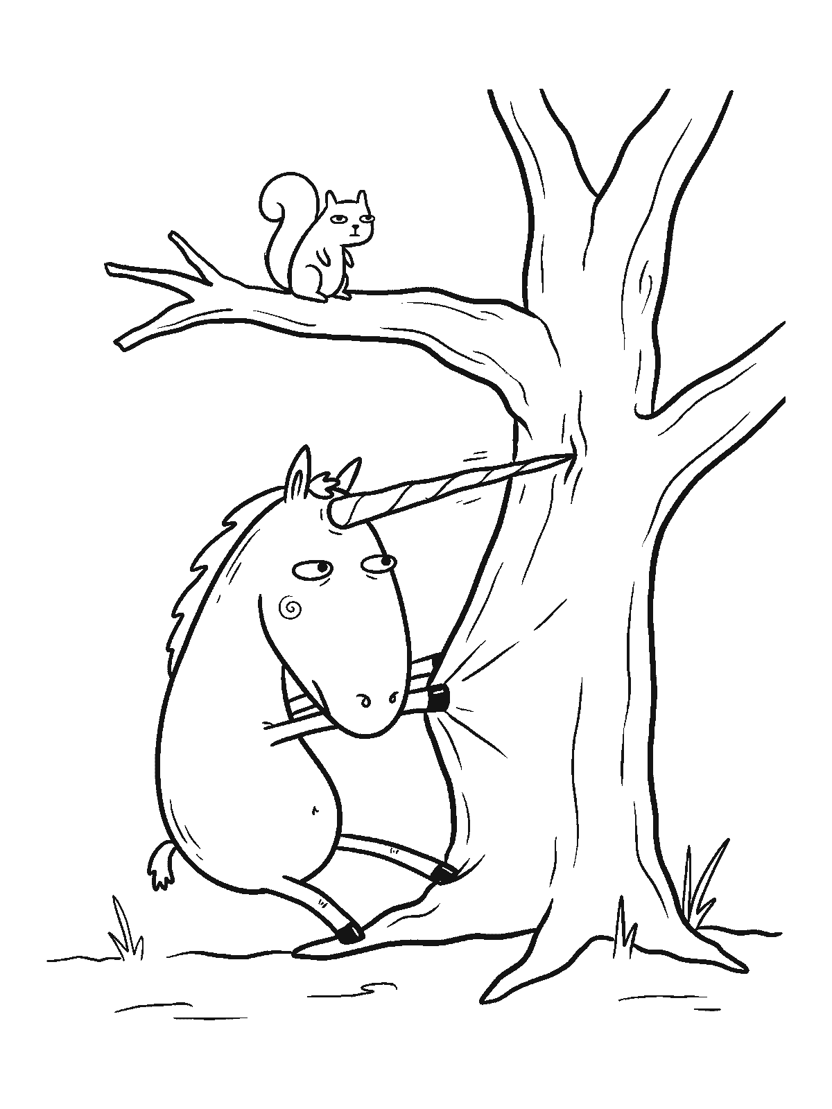 Printable coloring page: a unicorn with its horn stuck in a tree trunk braces its hooves and pulls, while a squirrel on a branch watches with a blank look