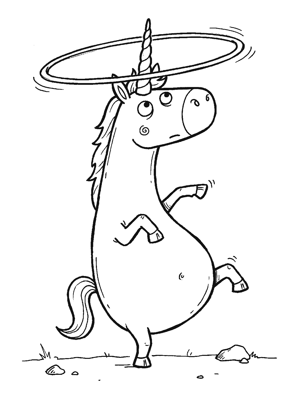Printable coloring page: a unicorn standing on its hind legs spins a hula hoop around its horn