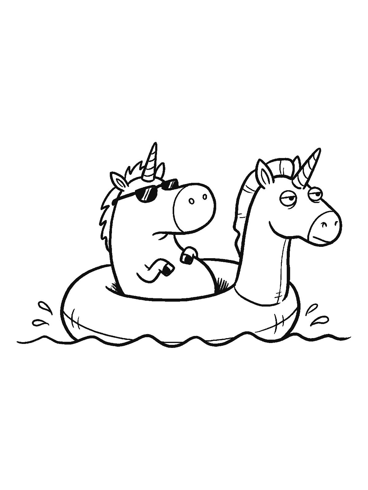 Printable coloring page: a unicorn wearing sunglasses sits in the water inside an inflatable unicorn-shaped pool float