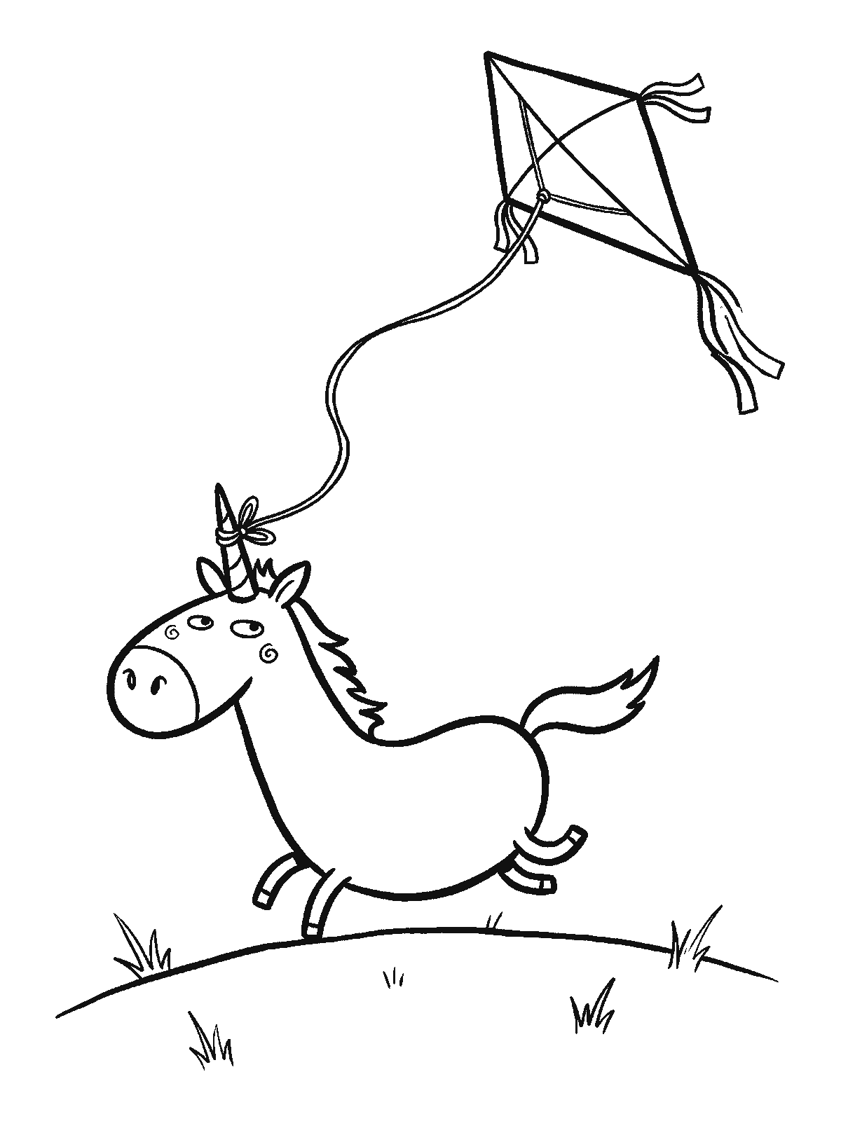 Printable coloring page: a unicorn runs across a hill with a kite string tied to its horn; the kite with bows flies high above