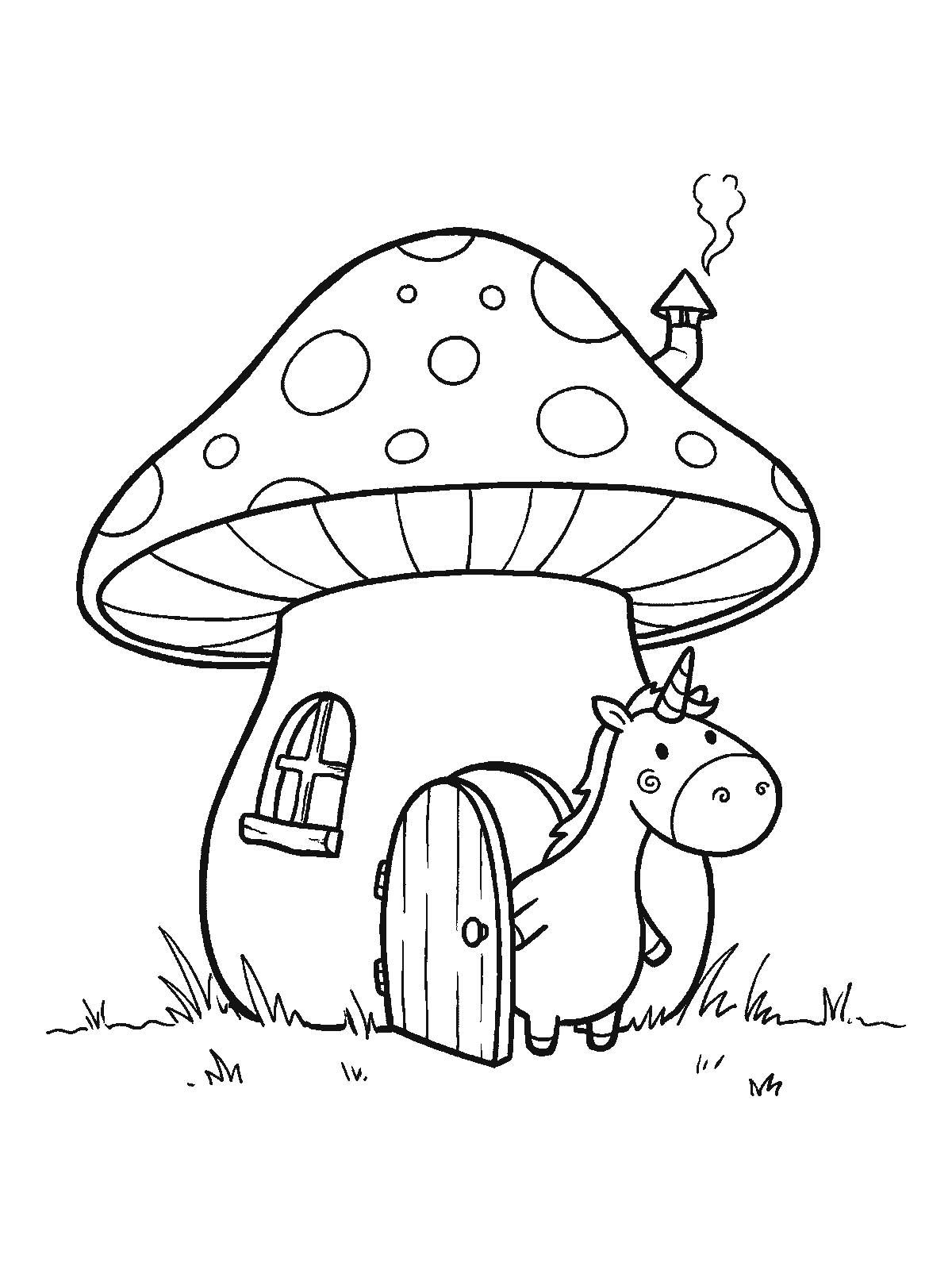 Printable coloring page: a big spotted mushroom turned into a house with a door, a window and a chimney, with a little unicorn peeking out the door
