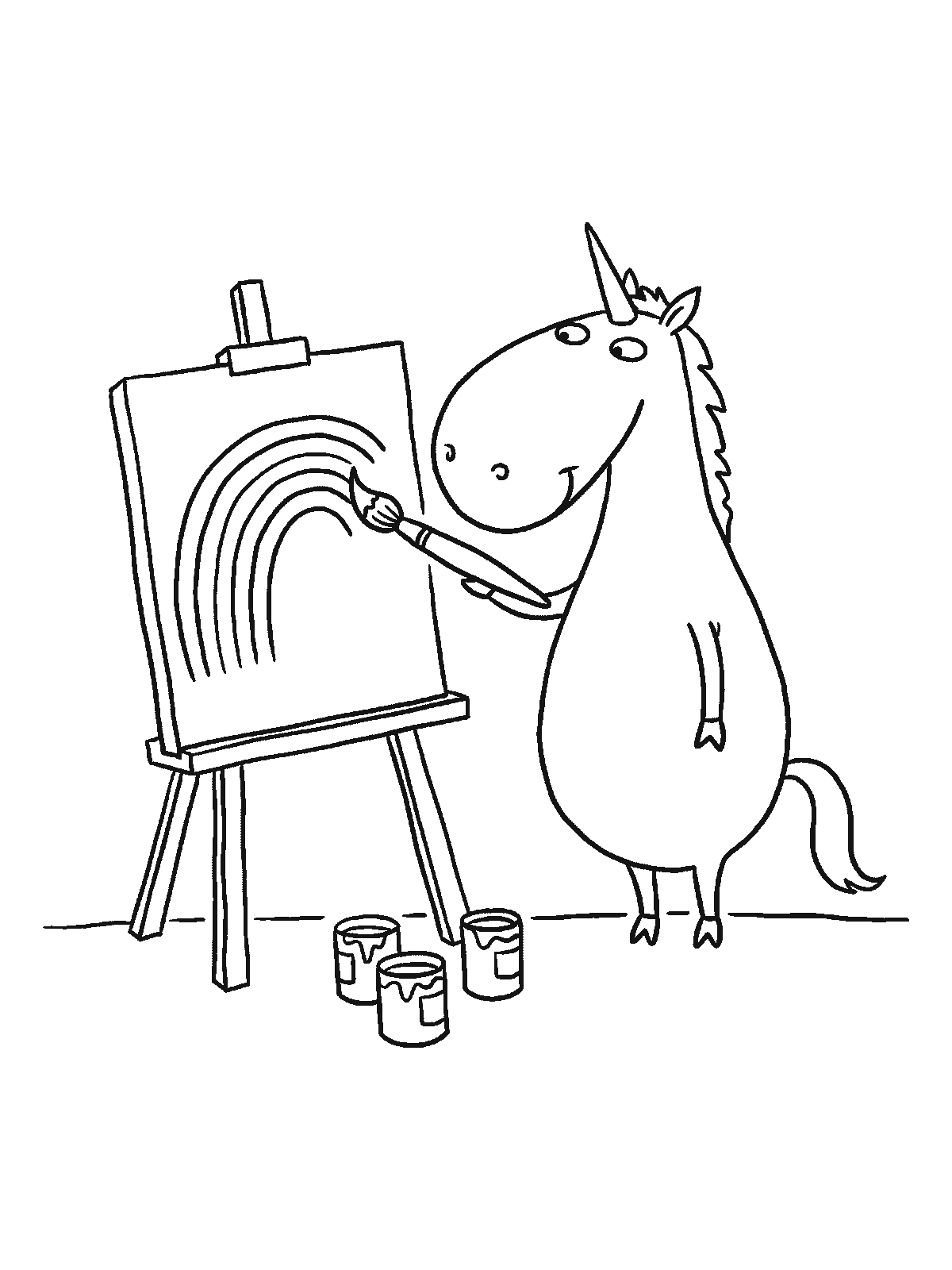 Printable coloring page: a unicorn at an easel paints a rainbow on a canvas with a paintbrush, with cans of paint on the ground