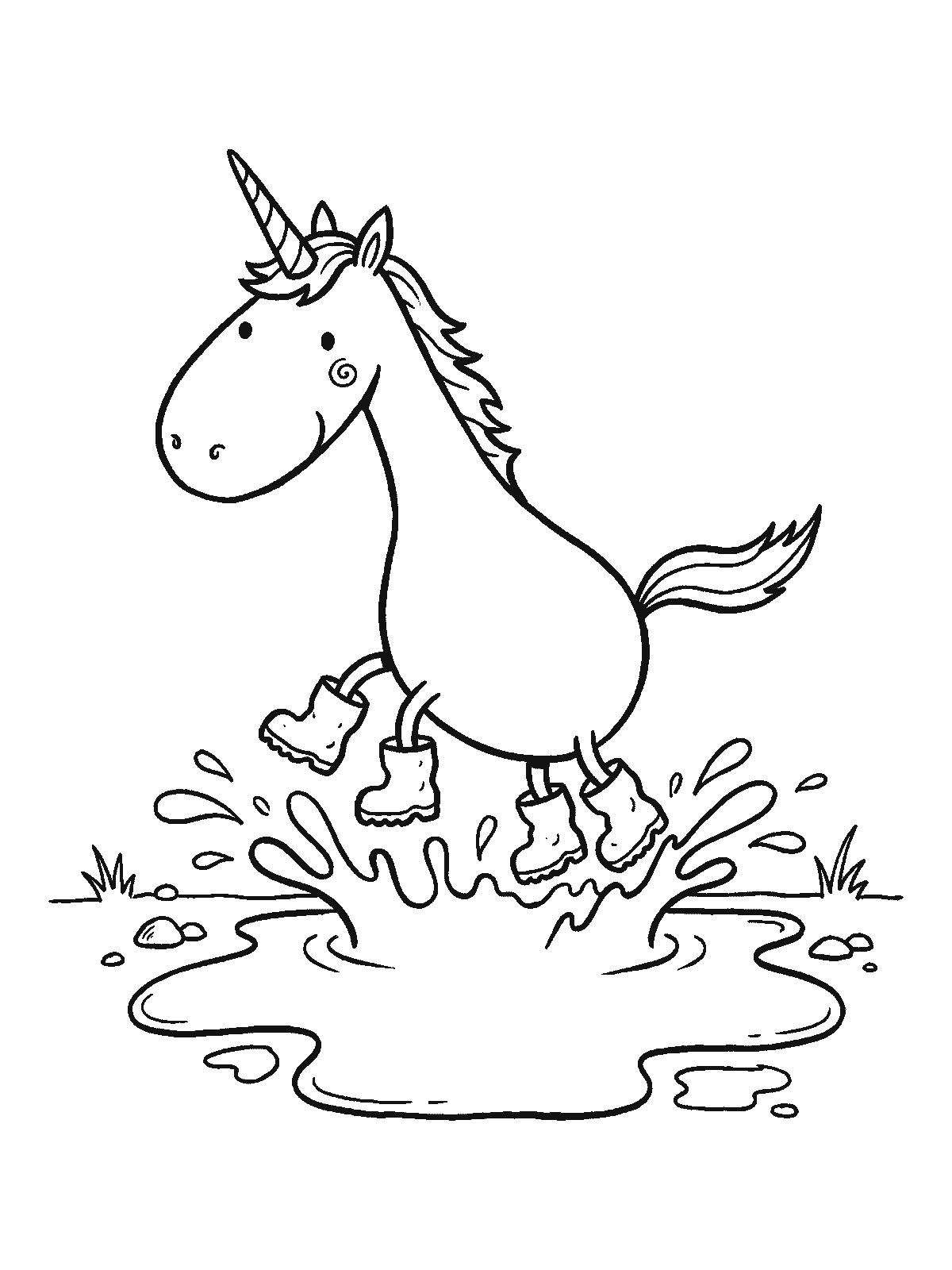 Printable coloring page: a unicorn wearing rain boots on all four hooves jumps into a big puddle as water splashes all around
