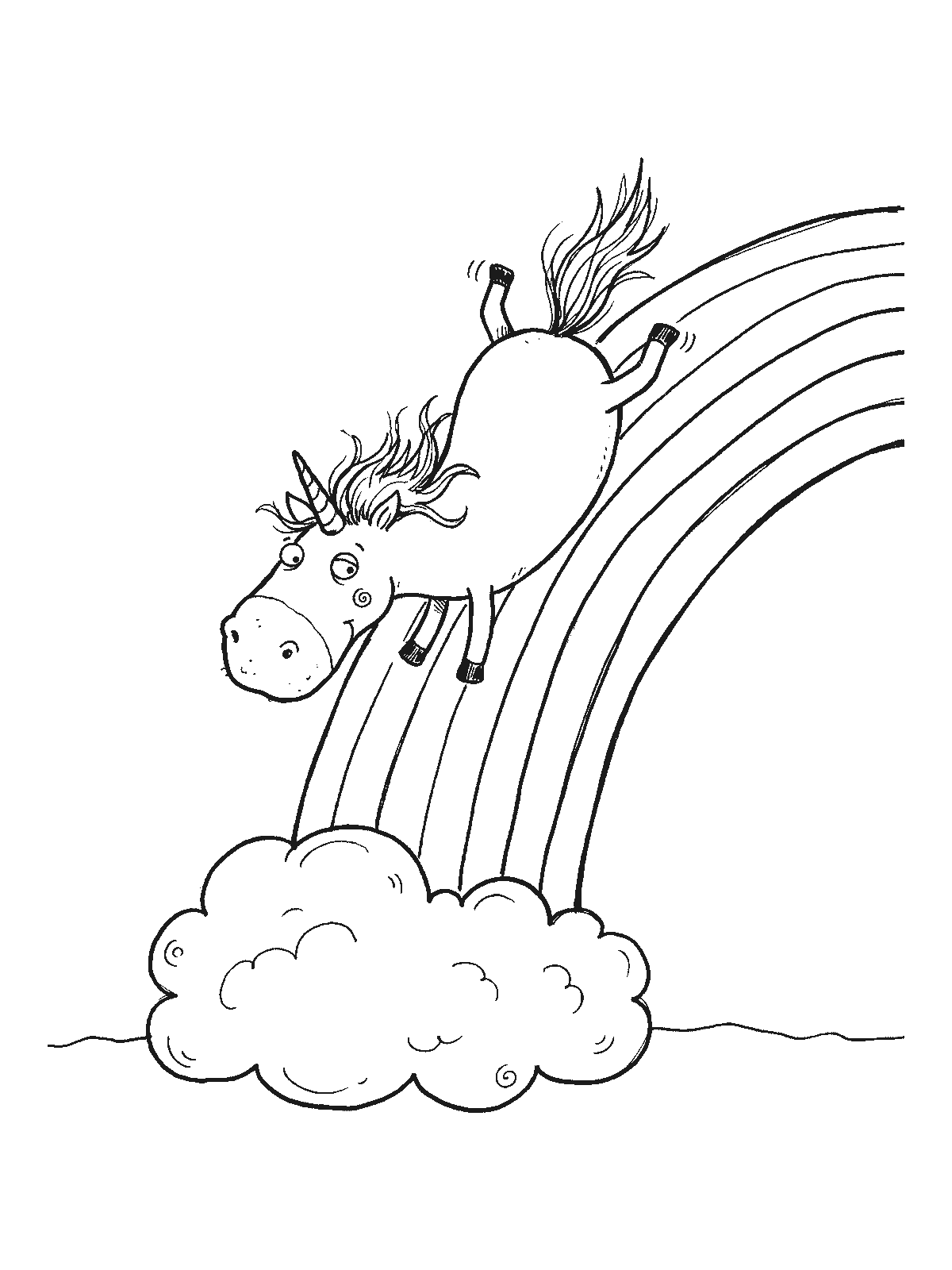 Printable coloring page: a unicorn slides belly-up down a big rainbow with its hooves in the air, toward a fluffy cloud waiting at the bottom