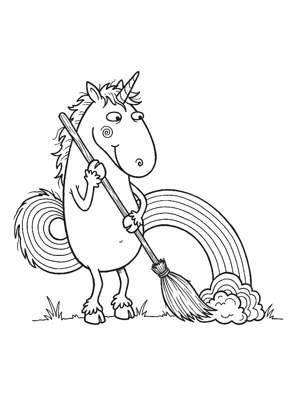 Ausmalbild: Ein Einhorn hält einen Besen im Maul und fegt die Regenbogenspur zusammen, die sein eigener Schweif hinterlassen hat