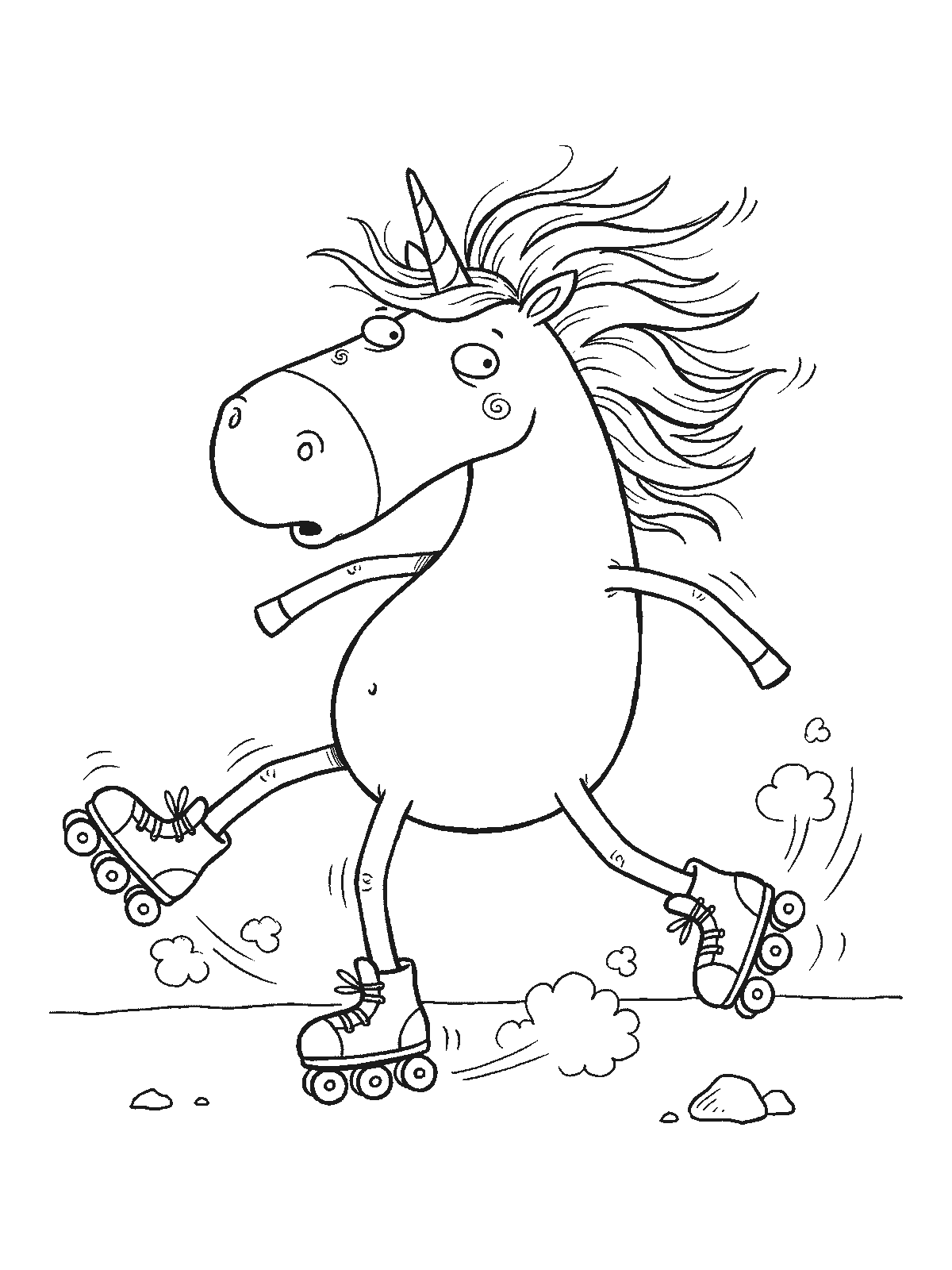 Printable coloring page: a unicorn wobbles along on roller skates with its legs slipping apart and its mane blowing back
