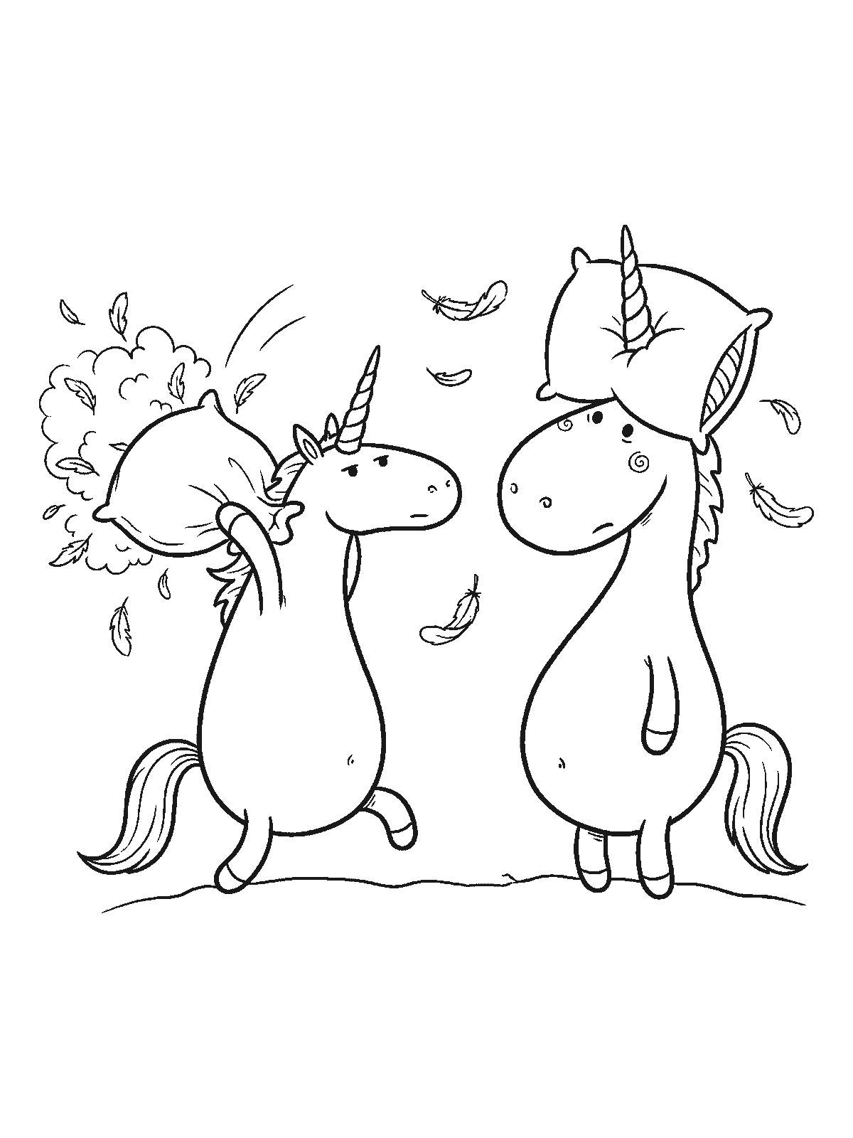 Printable coloring page: two unicorns have a pillow fight with feathers flying around, and a pillow is stuck on one unicorn's horn