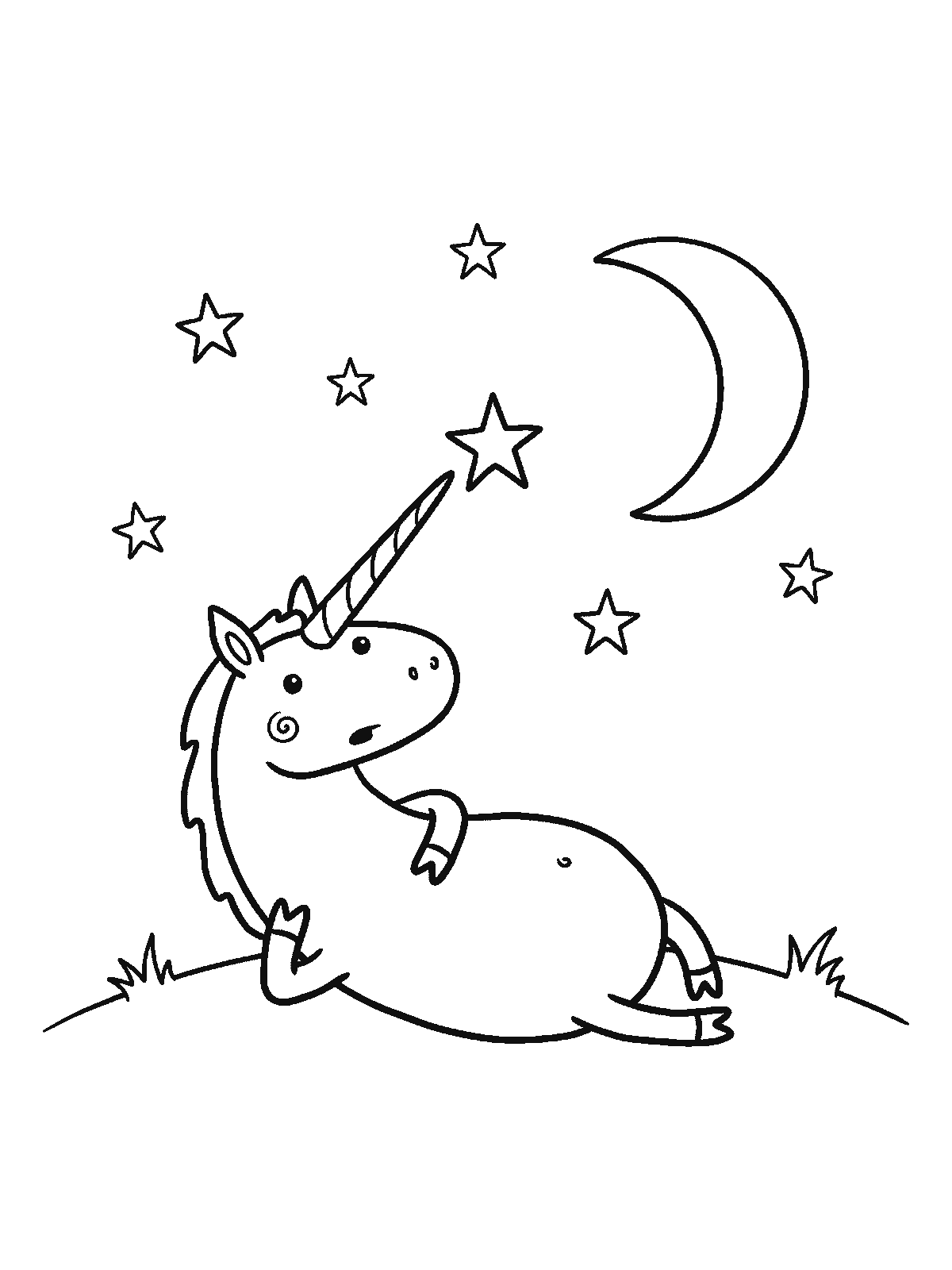Printable coloring page: a unicorn lies on a grassy hill looking at the night sky and points its horn at a star, with the moon nearby