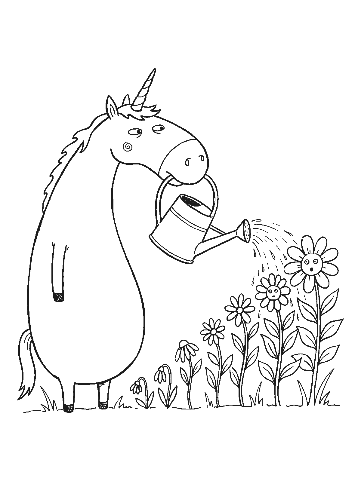 Printable coloring page: a unicorn holds a watering can in its mouth and waters a row of flowers that grow taller and taller; one flower has a surprised face