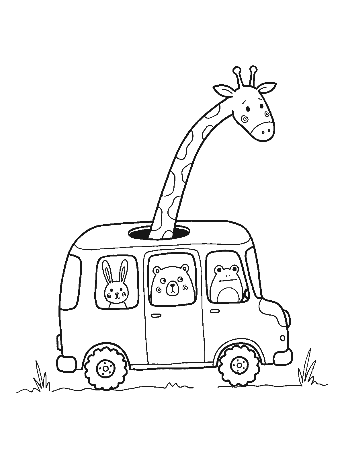 Coloring page: a small bus with a bunny, a bear and a frog at the windows and a giraffe whose long neck sticks out through the roof