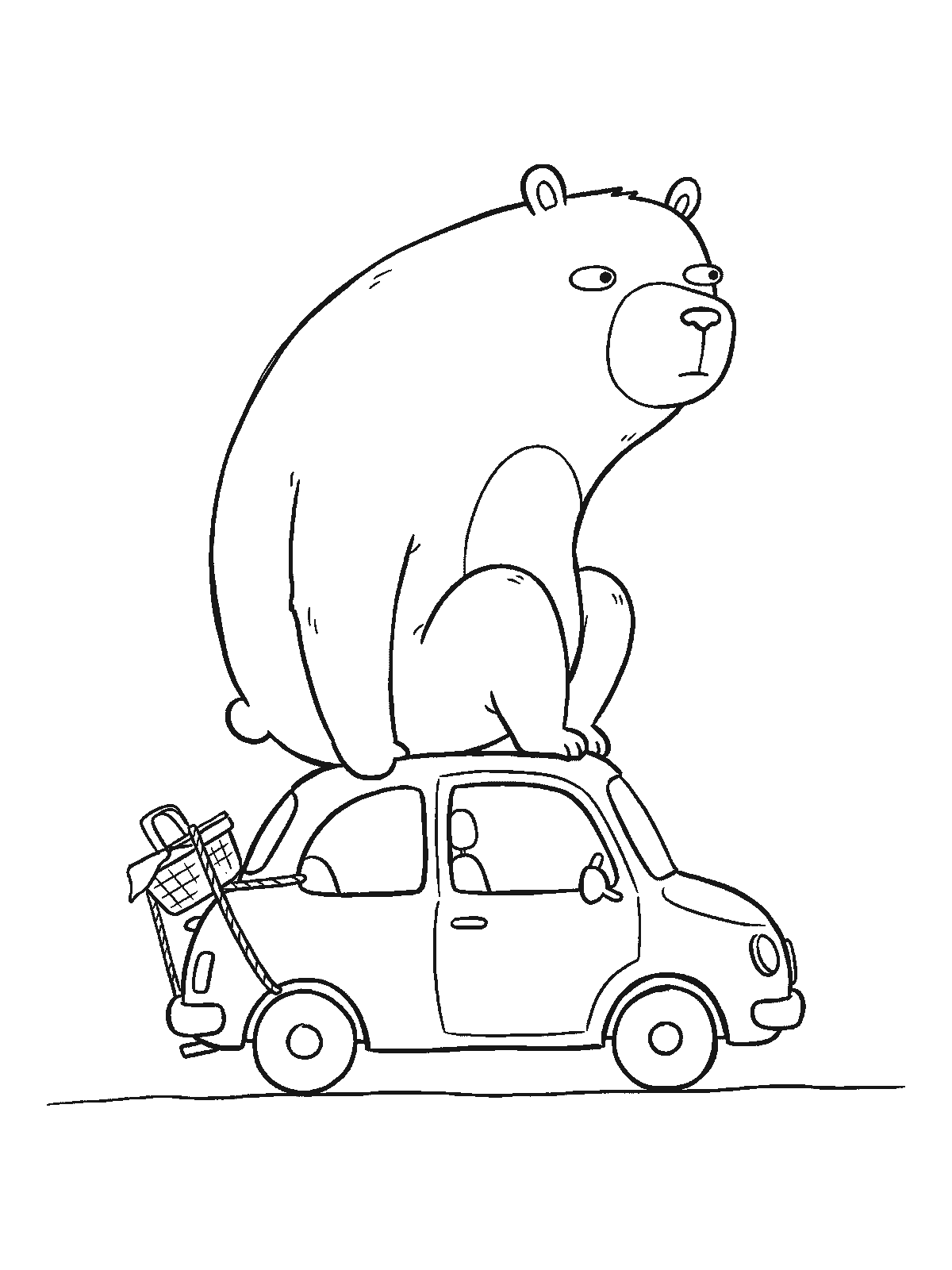 Coloring page: a big bear sitting on the roof of a tiny round car with a picnic basket tied to the back