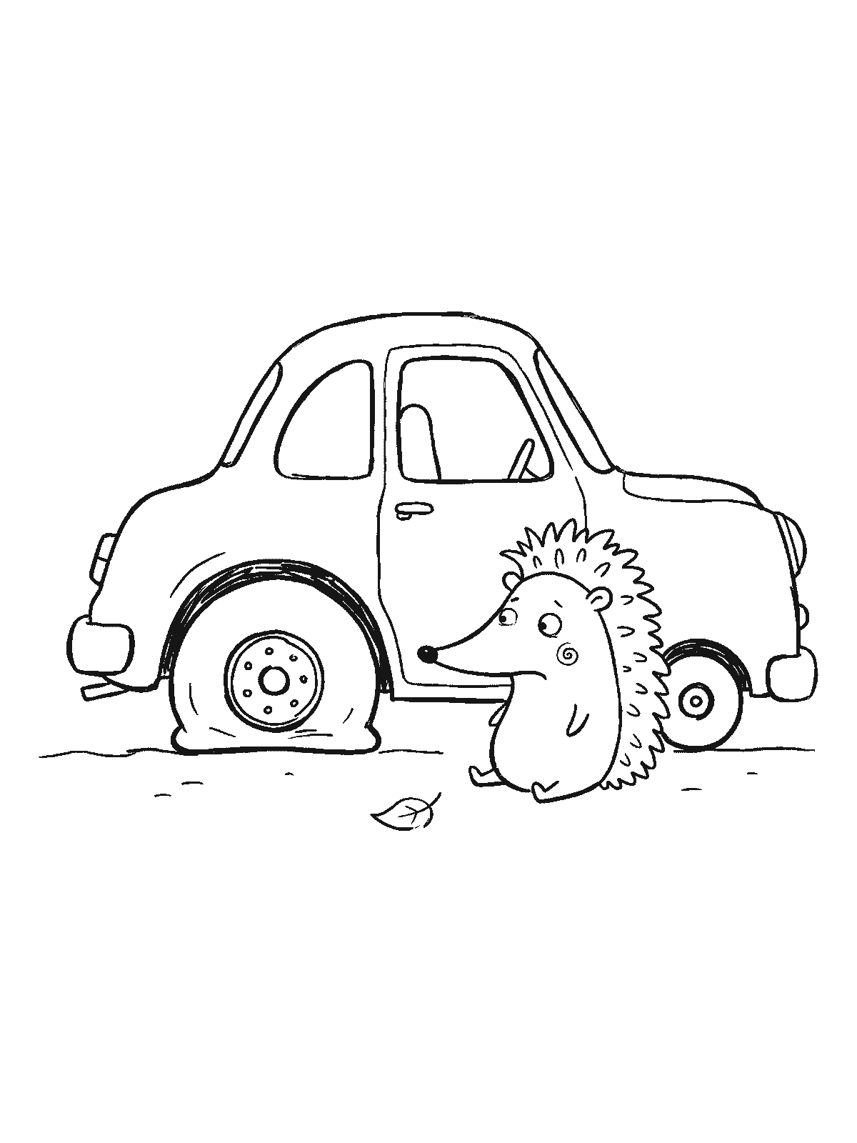 Coloring page: a small car with one flat tire and a hedgehog sitting beside the flat tire looking guilty