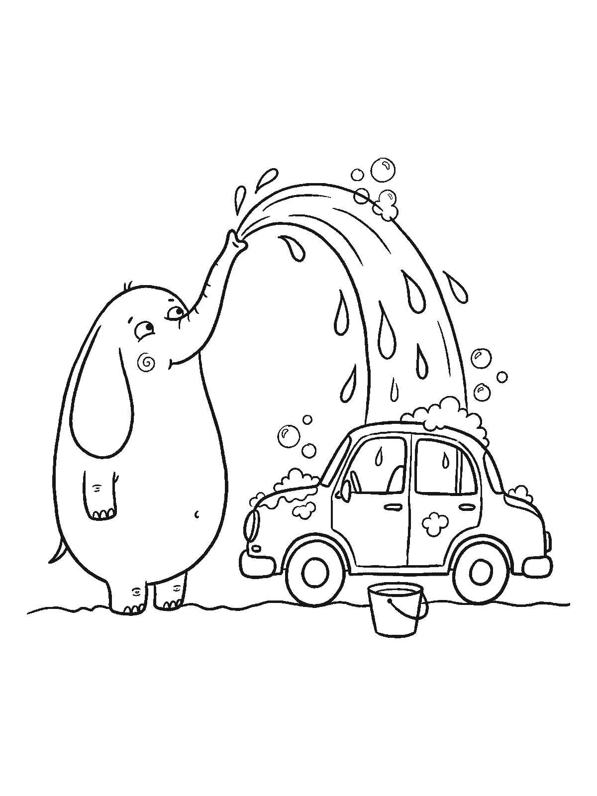 Coloring page: an elephant spraying an arc of water from its trunk onto a small car covered in soap bubbles, a bucket beside it