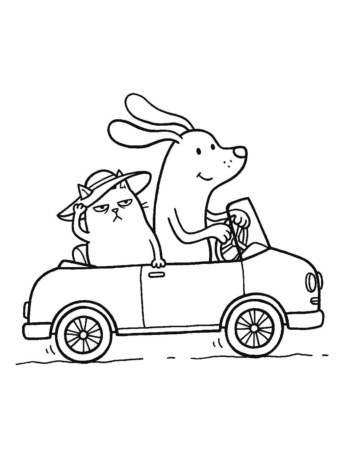 Coloring page: a smiling dog driving an open convertible car and a grumpy cat in the passenger seat holding its hat