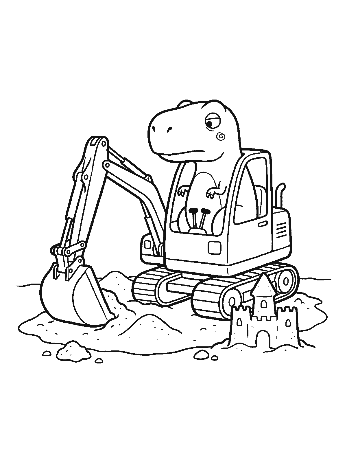 Coloring page: a T-rex sitting in the cab of a small excavator digging sand with the bucket, a sand castle beside it