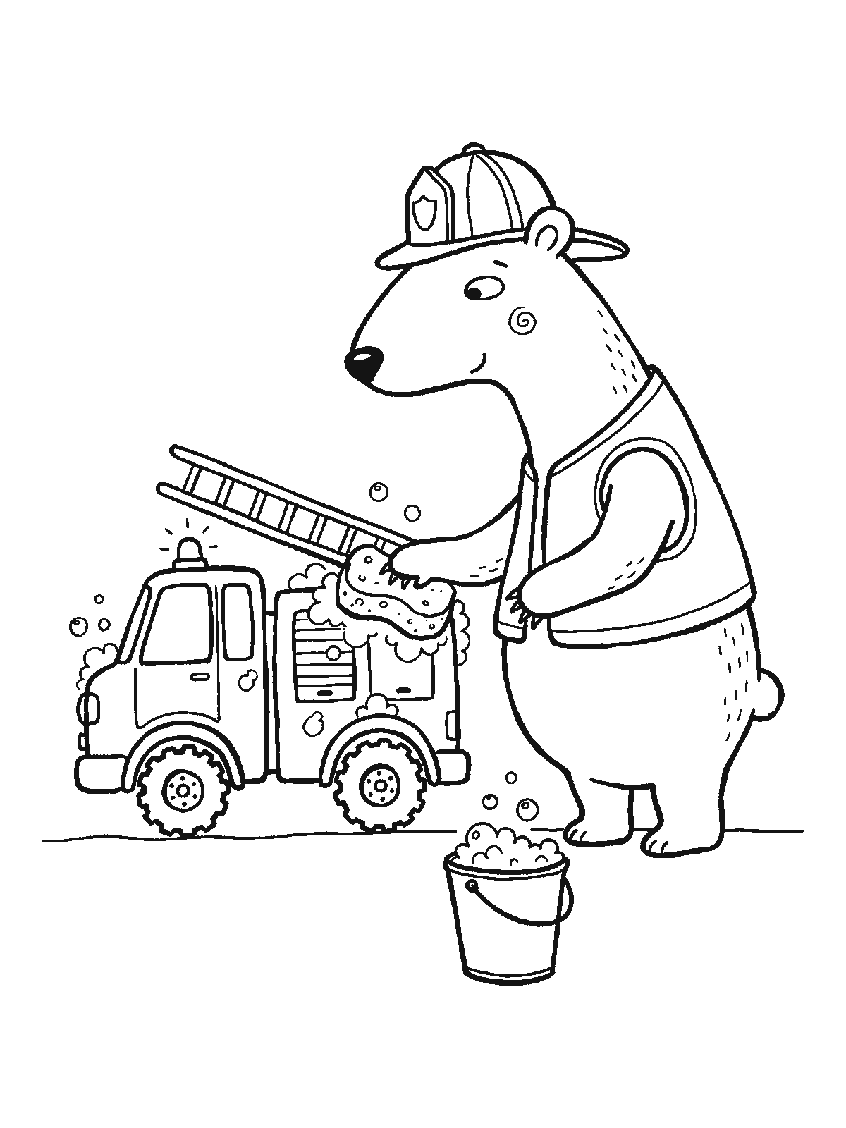 Coloring page: a big bear in a firefighter helmet washing a small fire truck with a sponge, a bucket of soapy bubbles at its feet