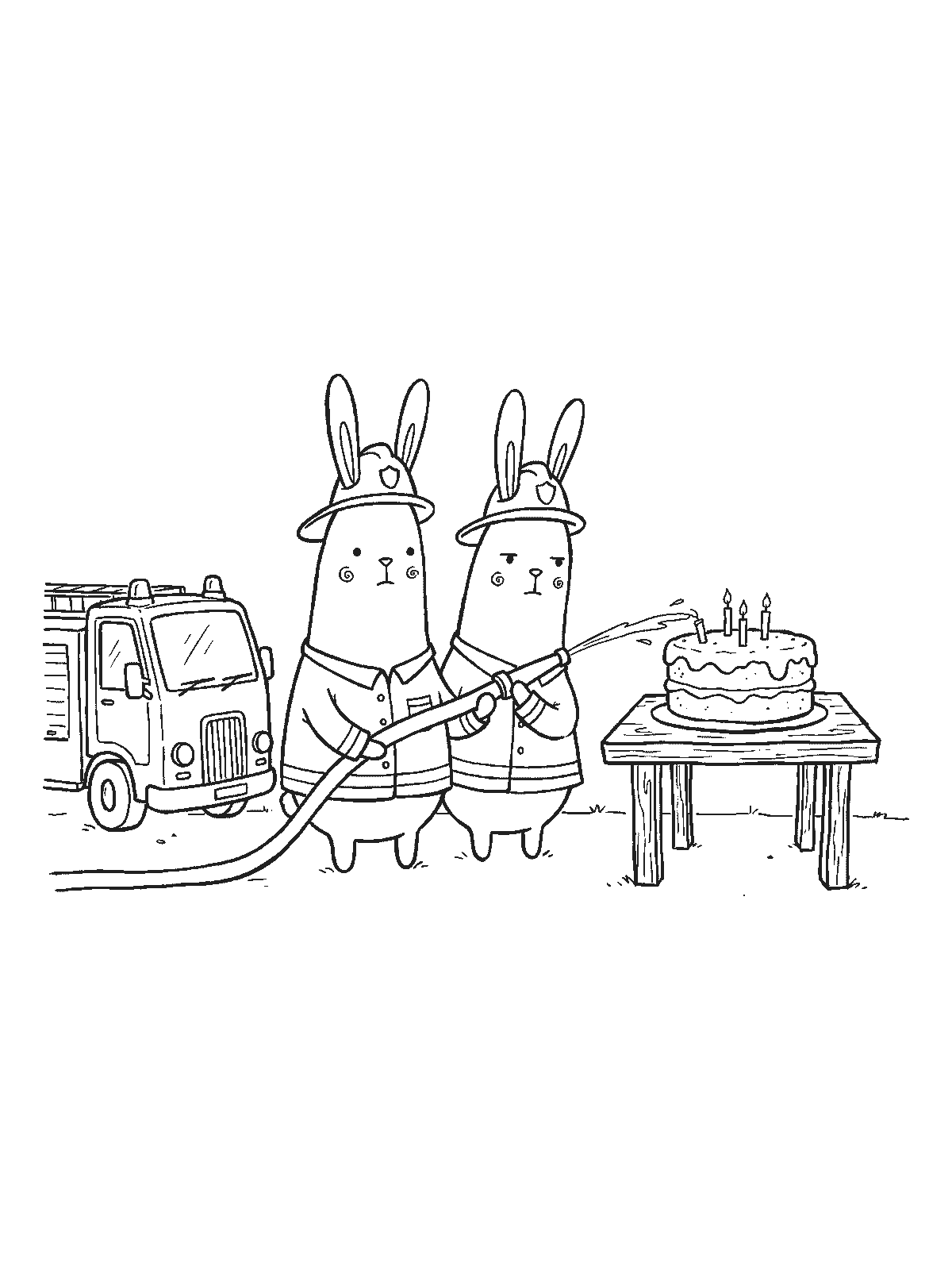 Coloring page: two bunny firefighters holding a hose and aiming a thin stream of water at the candles on a birthday cake, a fire truck behind them