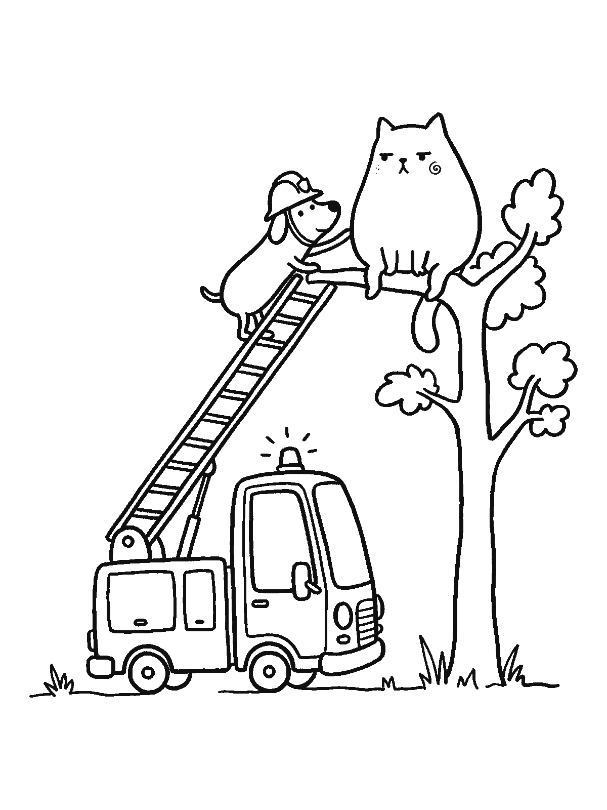 Coloring page: a fire truck with its ladder leaning against a tree, a dog firefighter at the top reaching for a cat sitting calmly on a branch
