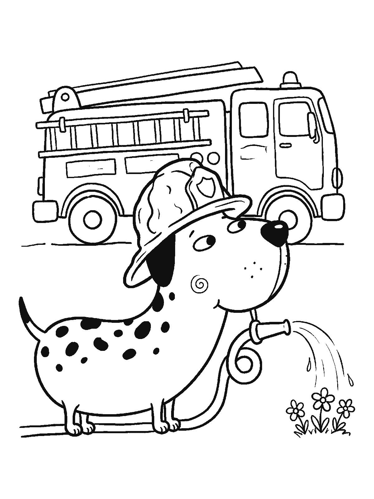 Coloring page: a spotted dalmatian in a firefighter helmet watering a few small flowers with a hose, a fire truck behind it