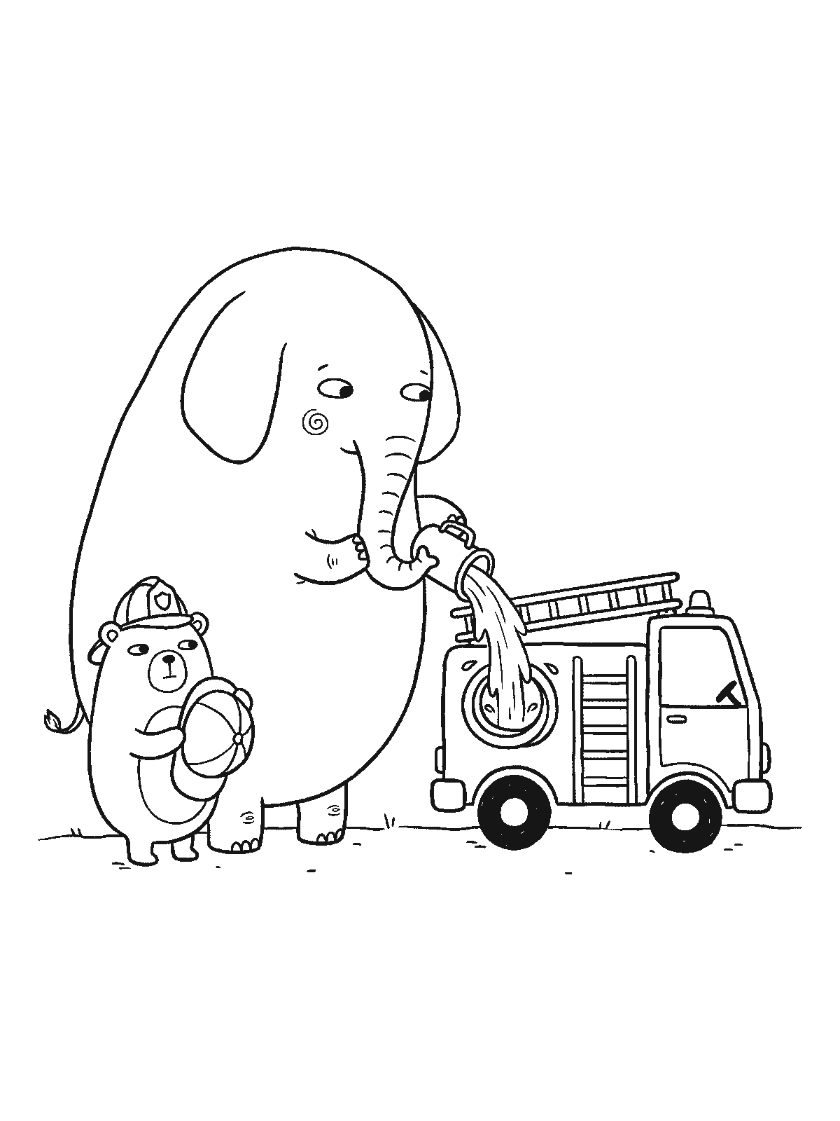 Coloring page: an elephant pouring water from its trunk into the tank of a fire truck, a small bear in a firefighter helmet standing next to it