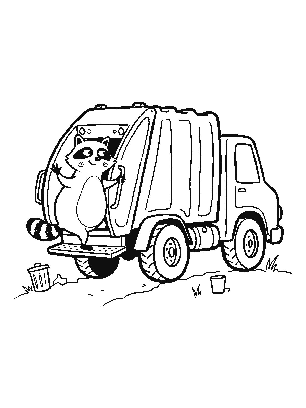 Coloring page: a raccoon standing on the back step of a garbage truck, holding a handle and waving, a trash can on the ground