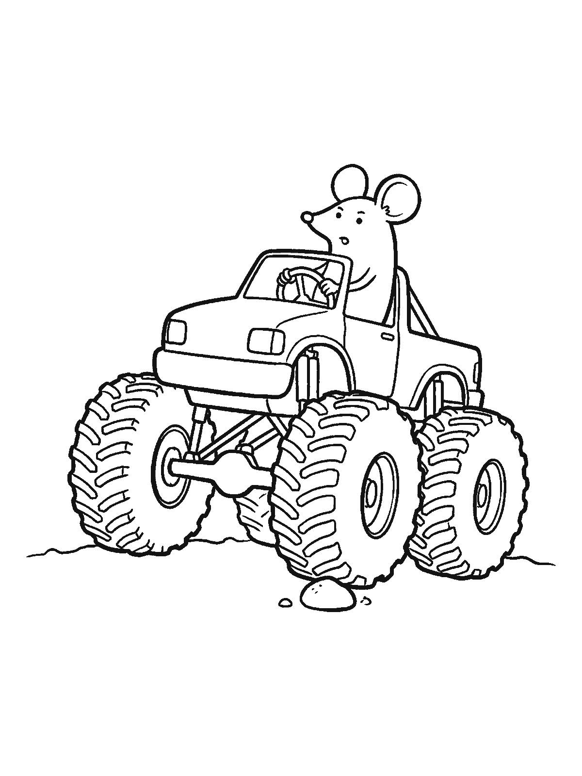 Coloring page: a small mouse driving a monster truck with enormous tires, rolling over a tiny pebble