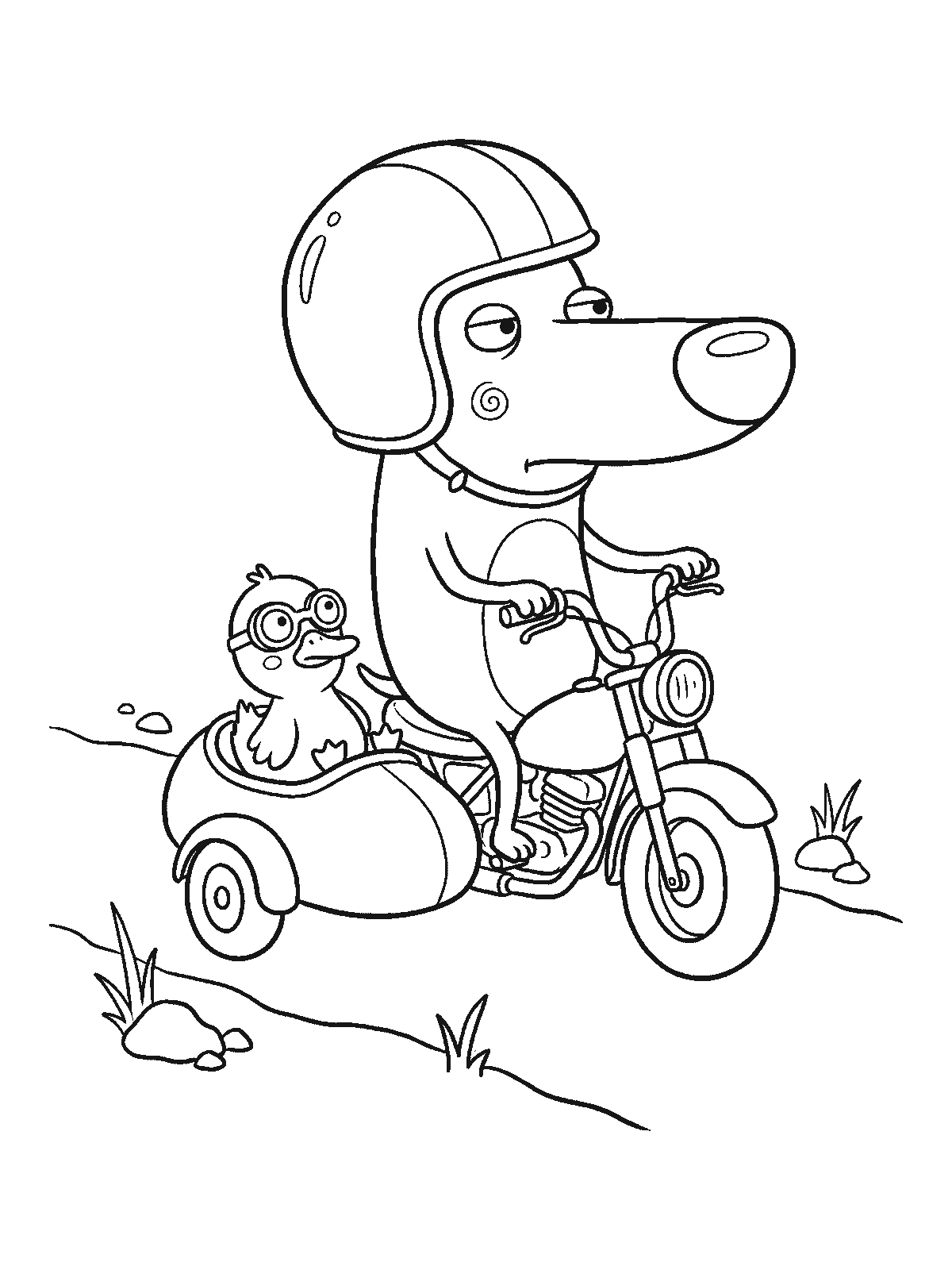 Coloring page: a dog wearing a helmet riding a motorcycle with a sidecar, and a duck in goggles sitting in the sidecar