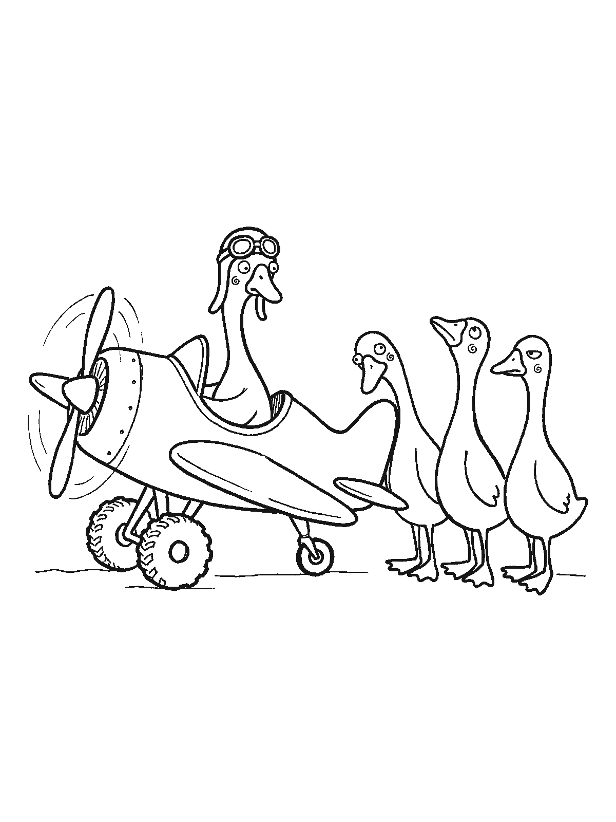 Coloring page: a small propeller airplane on the ground with a goose pilot in goggles in the cockpit and three geese standing in line behind the plane