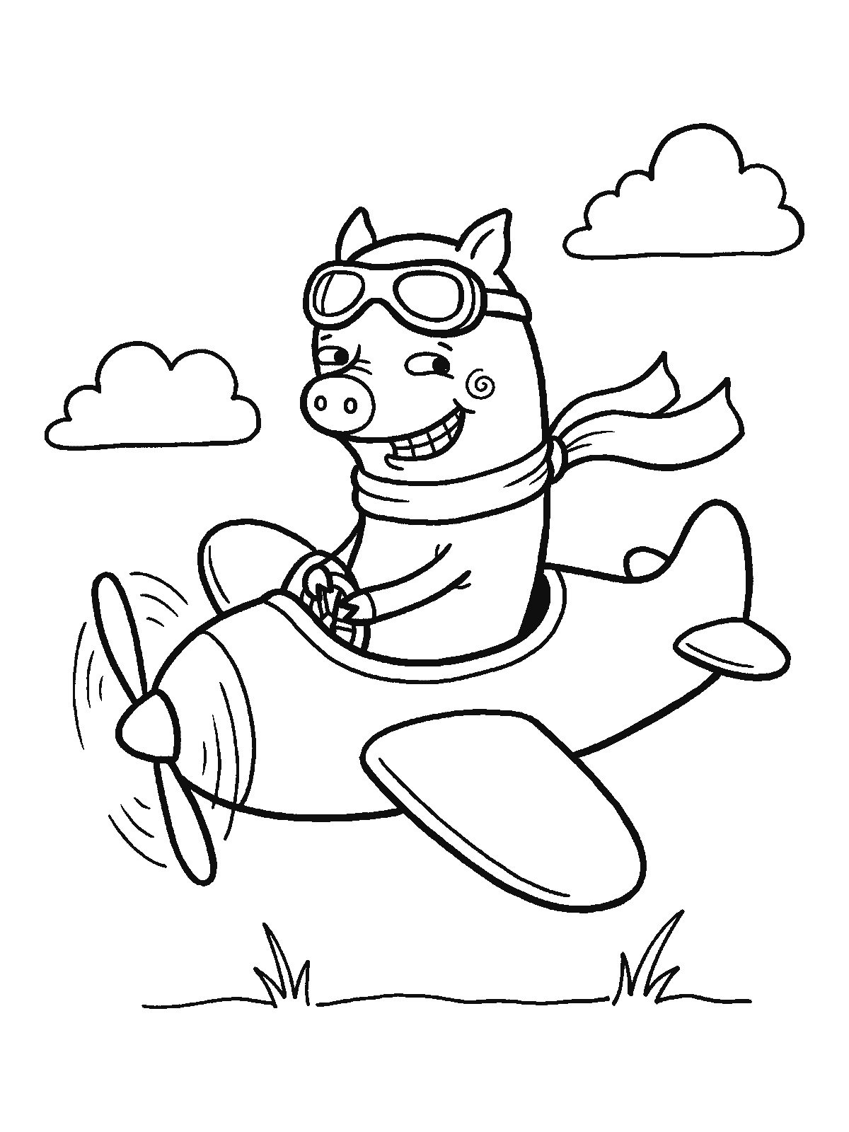 Coloring page: a grinning pig wearing flying goggles and a scarf flying a small propeller airplane among two clouds